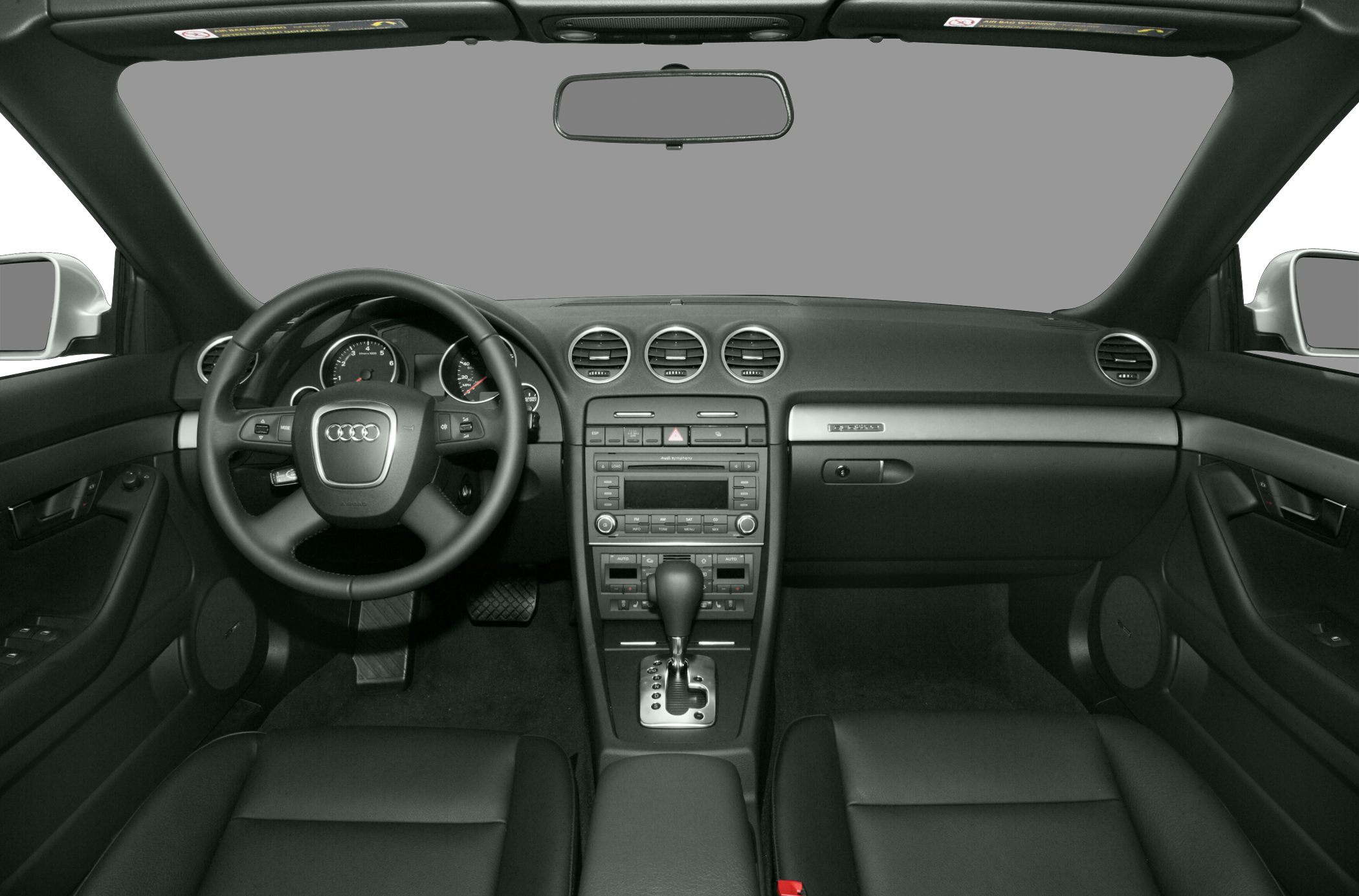 Dashboard, steering wheel, center console, and seating of car interior
