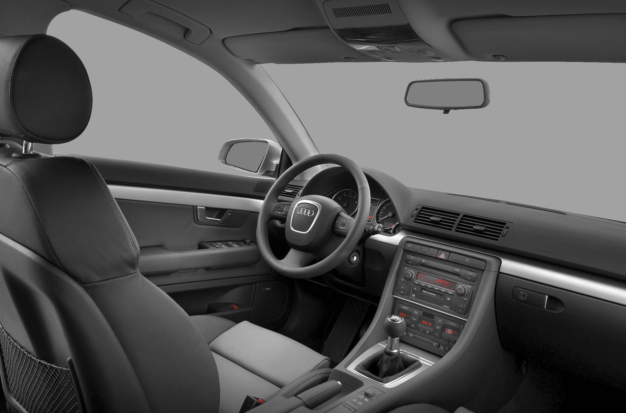 Audi interior with steering wheel and manual gear shift