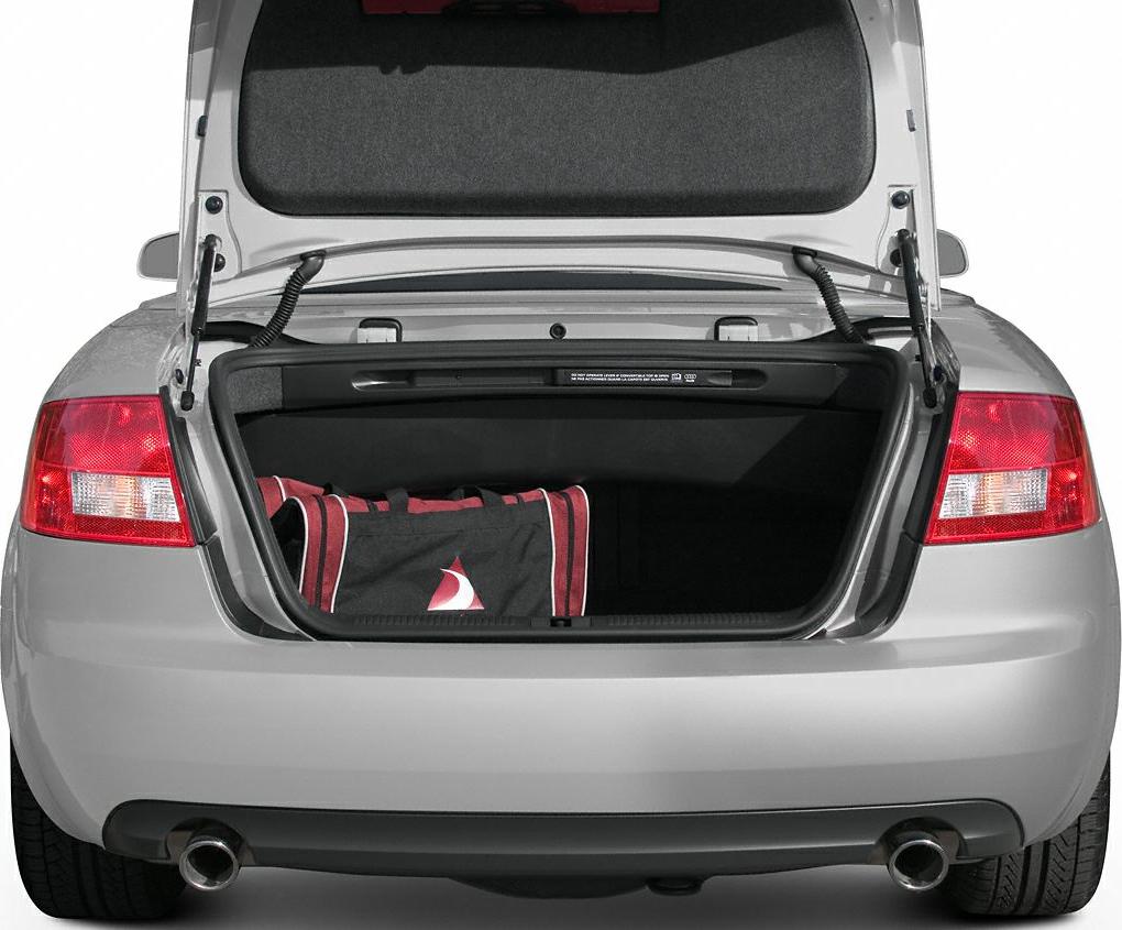 Open trunk rear view with dual exhaust and sports bag inside
