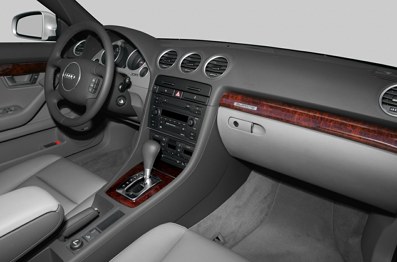 Audi dashboard with wood trim and leather seats interior