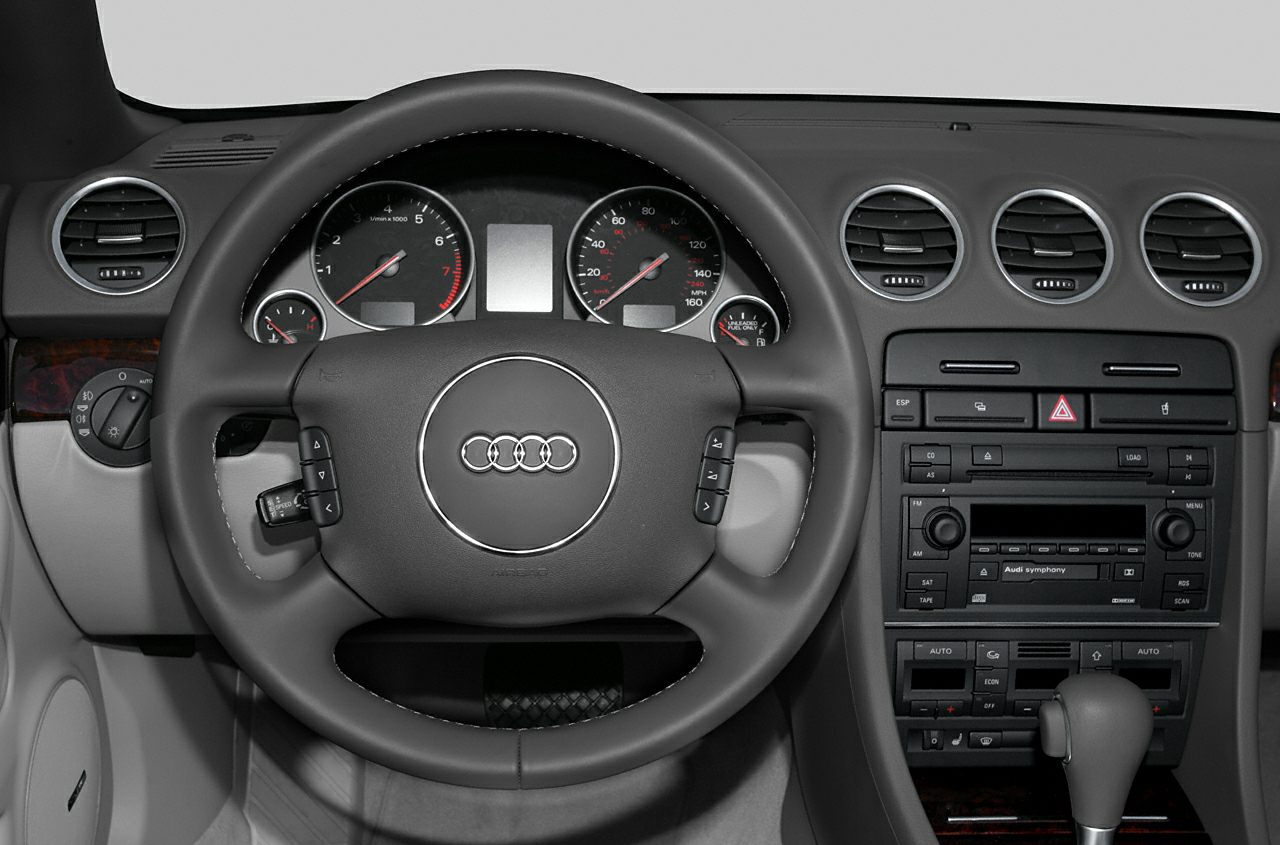 Steering wheel and dashboard with instrument cluster and center console controls