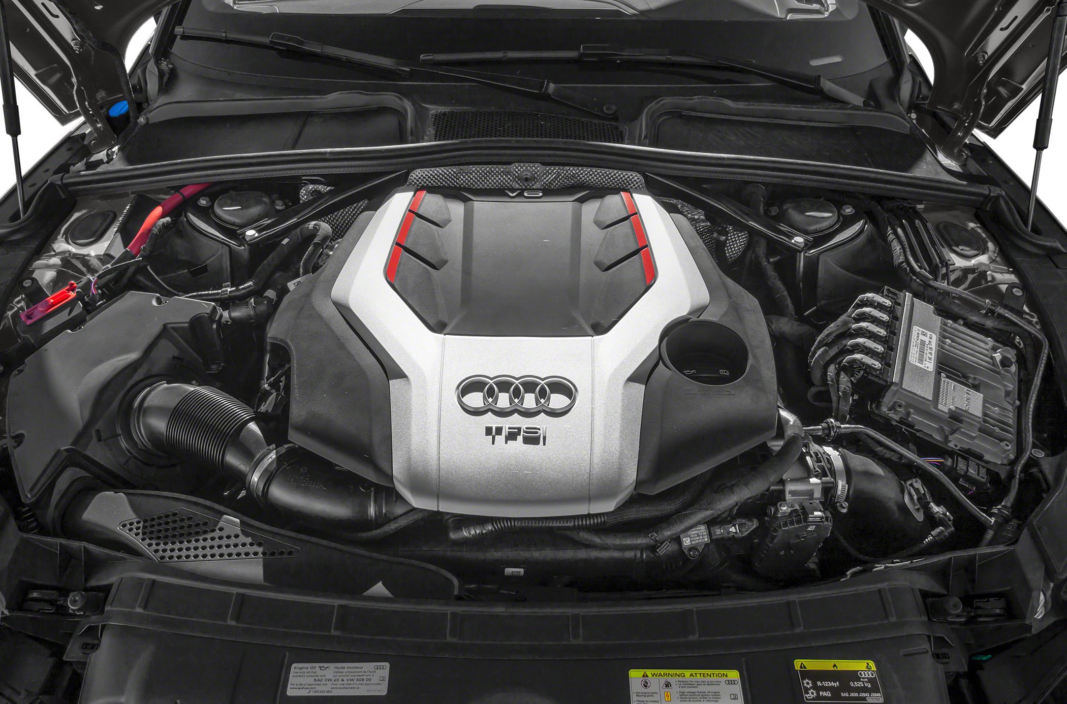 Detailed V6 TFSI engine bay cover with Audi logo
