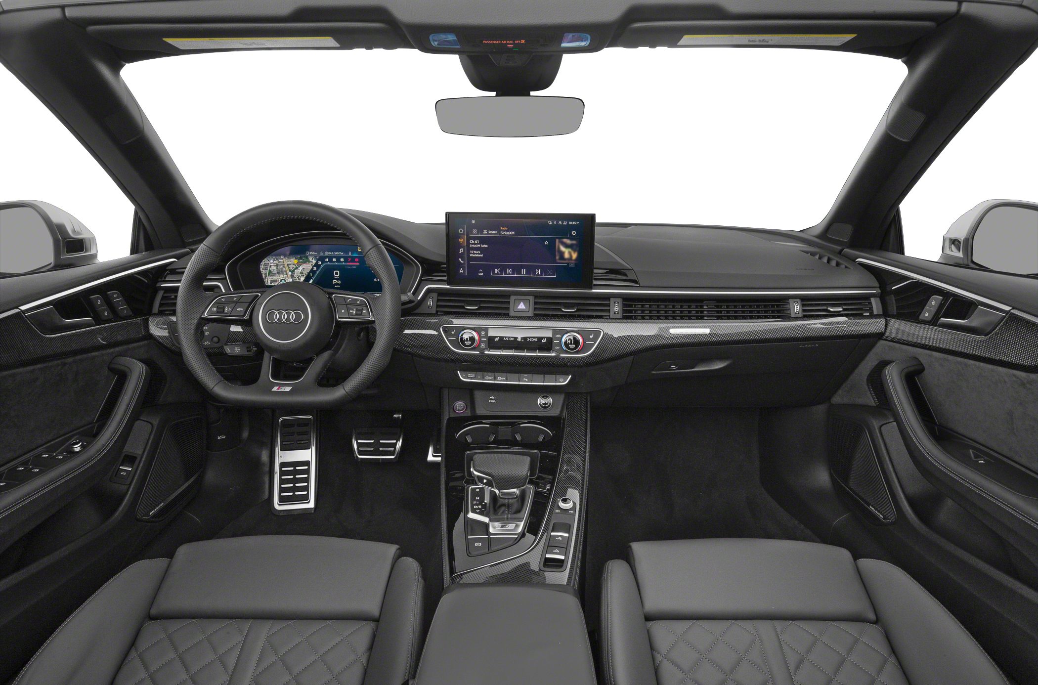 Luxury car interior with digital cockpit and carbon trim dashboard