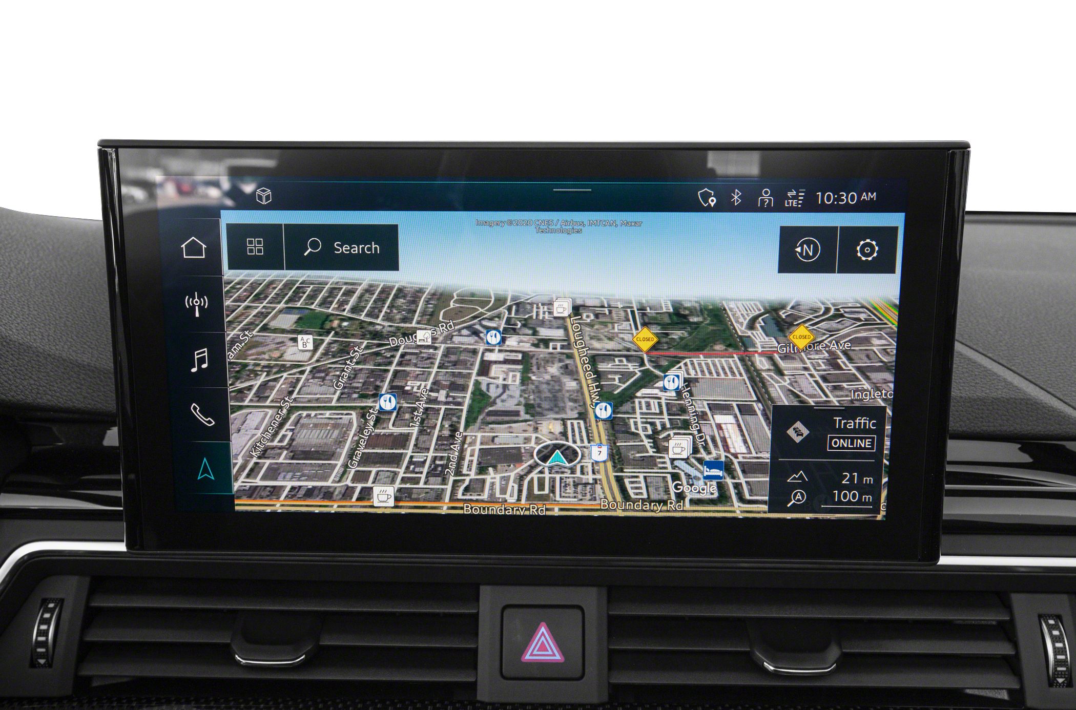 Navigation touchscreen displaying 3D map with traffic and search features