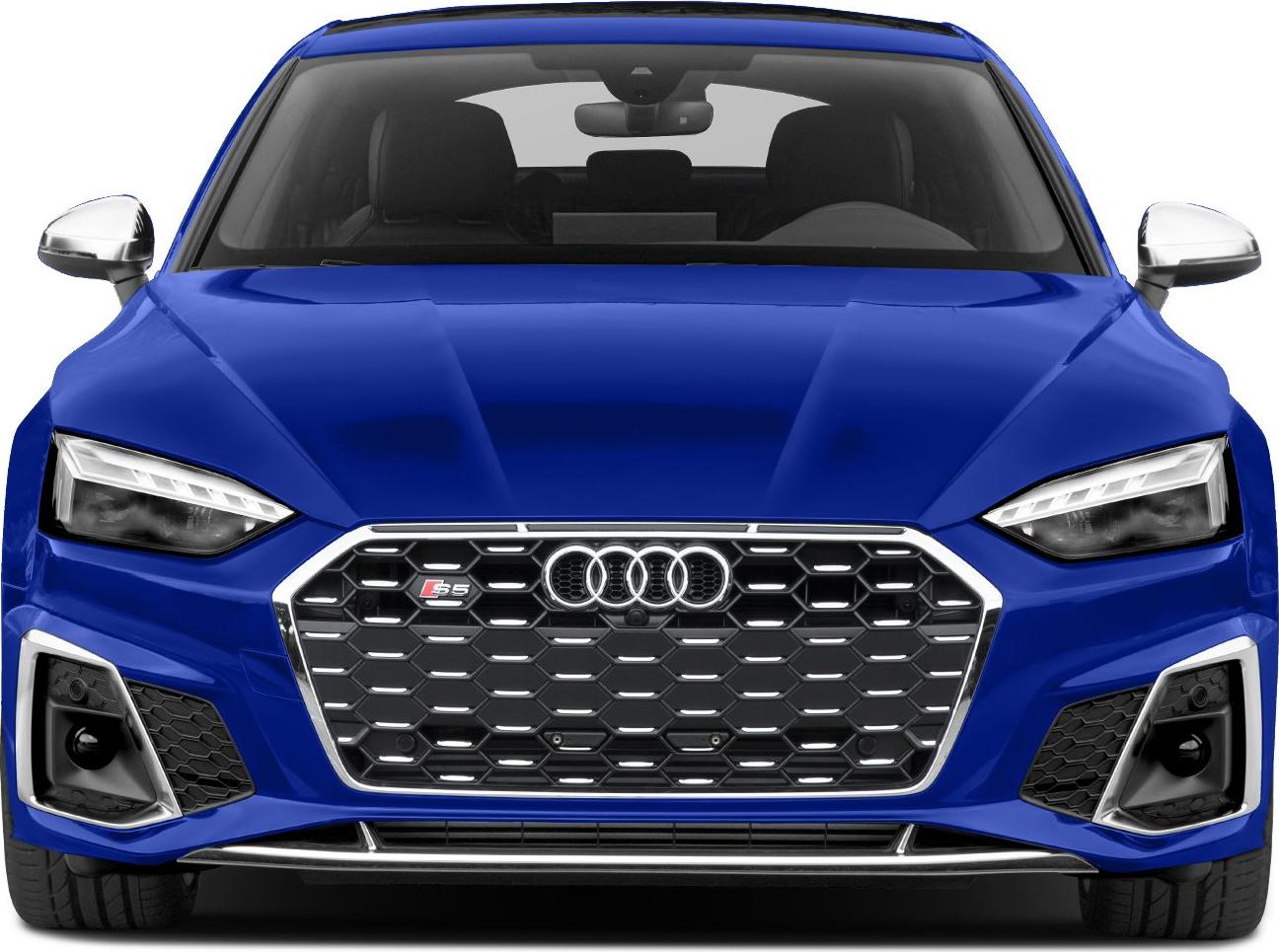 Front grille and LED headlights of a blue luxury sportback