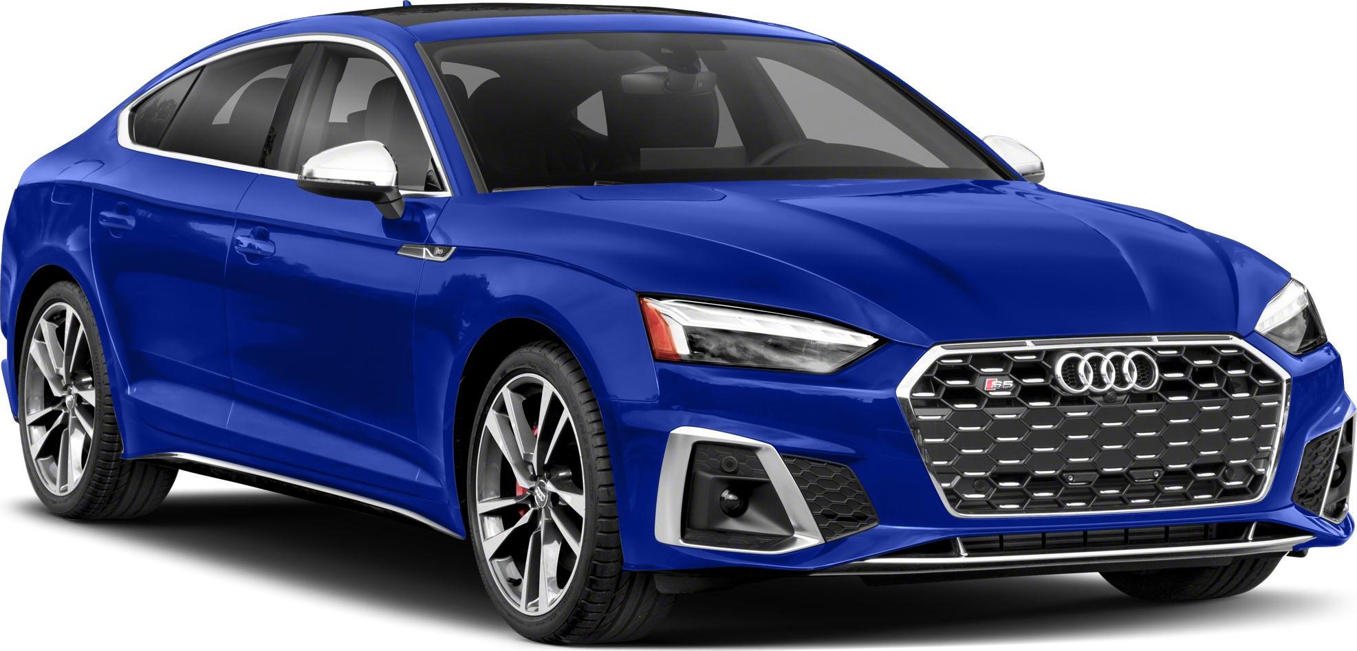 Front grille and LED headlights of blue luxury sedan
