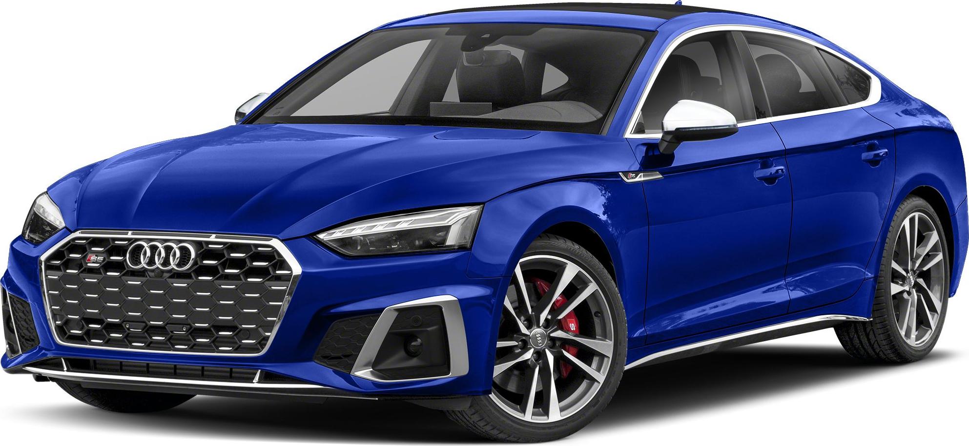 Blue sporty 5-door sedan with honeycomb grille and sharp headlights