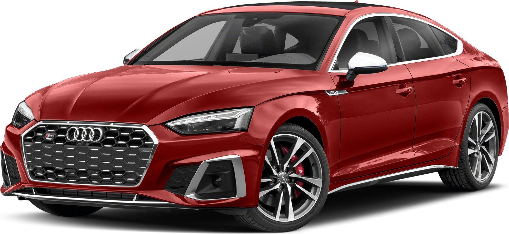 Front and side view of a red performance hatchback with sporty rims and distinct grille