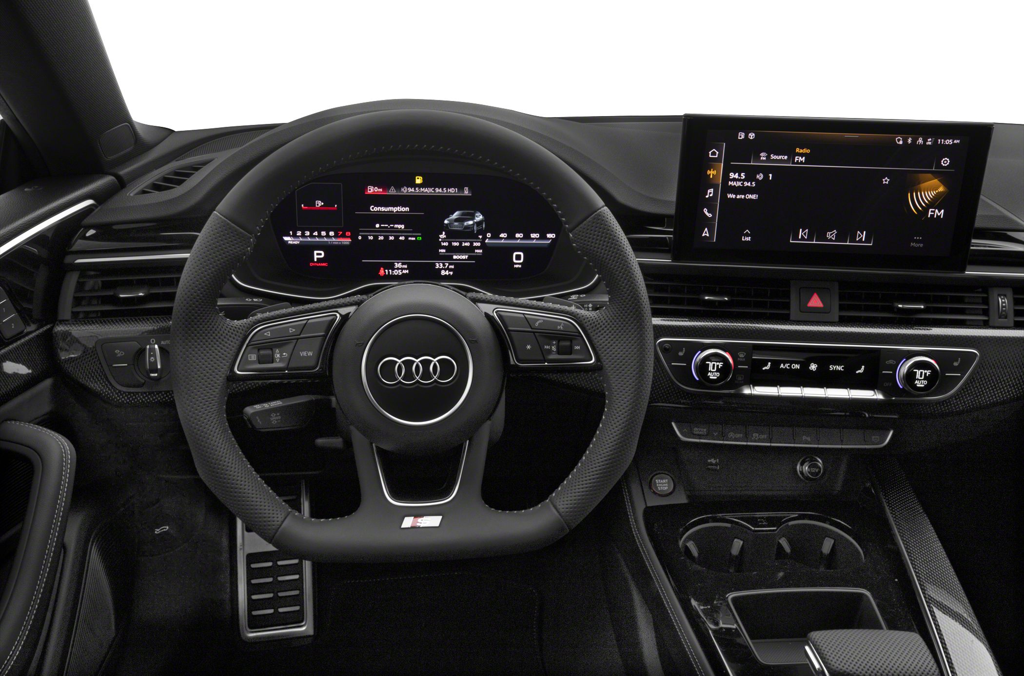 Digital instrument cluster and modern infotainment dashboard with multifunction steering wheel.