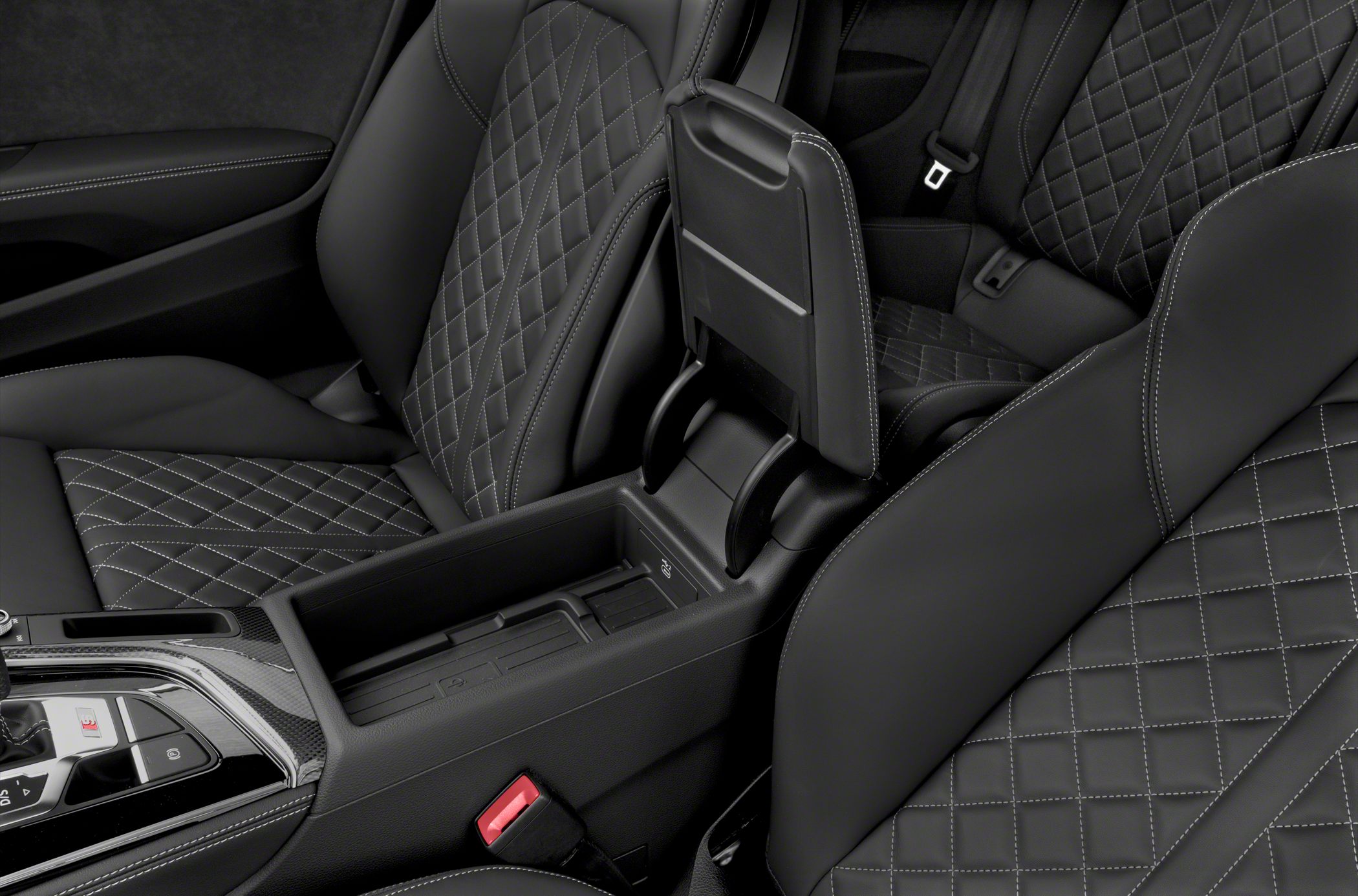 Diamond-stitched leather seats and center console armrest storage