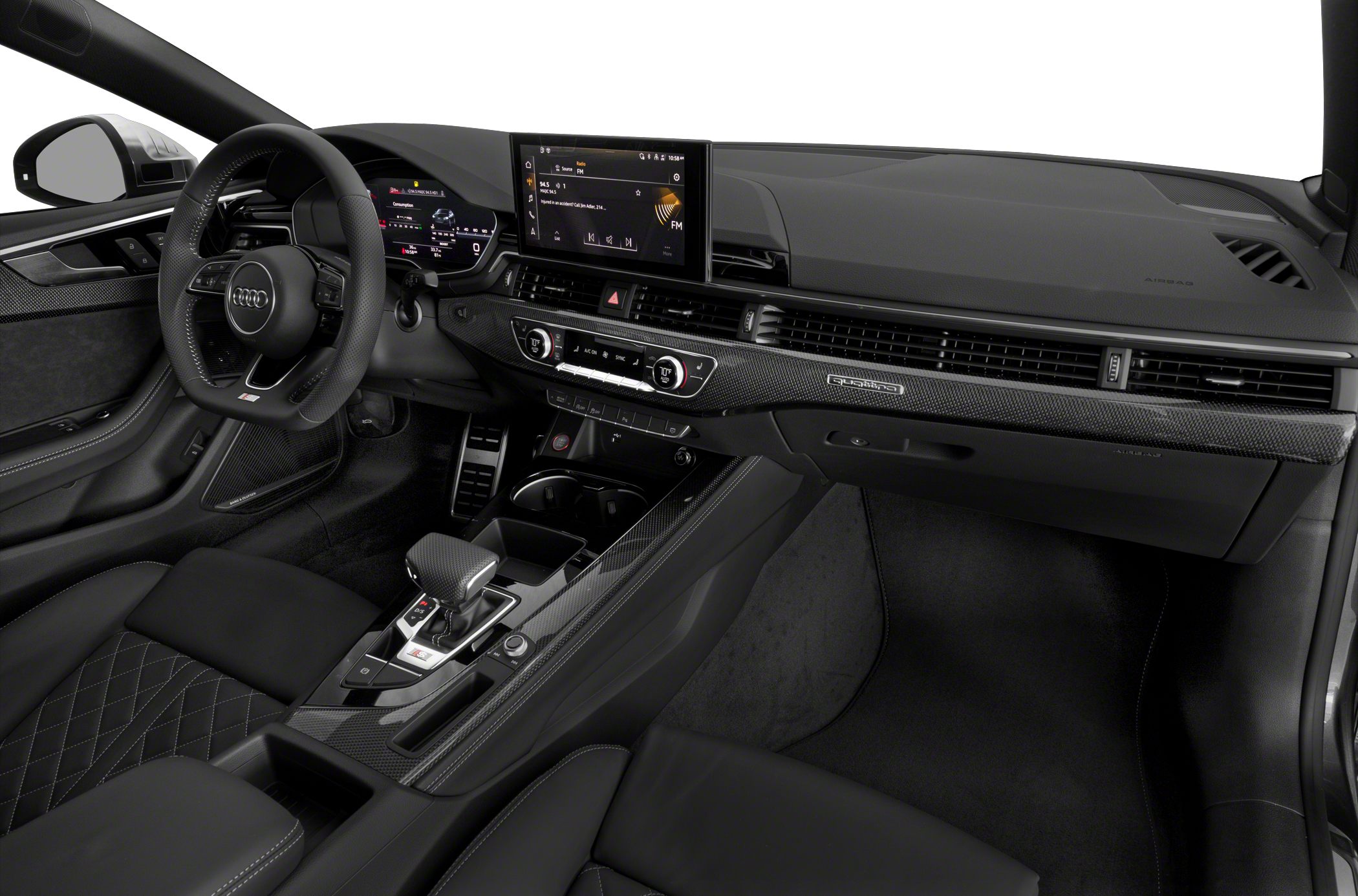 Audi interior with digital cockpit, infotainment screen, carbon fiber trim, and gear selector.