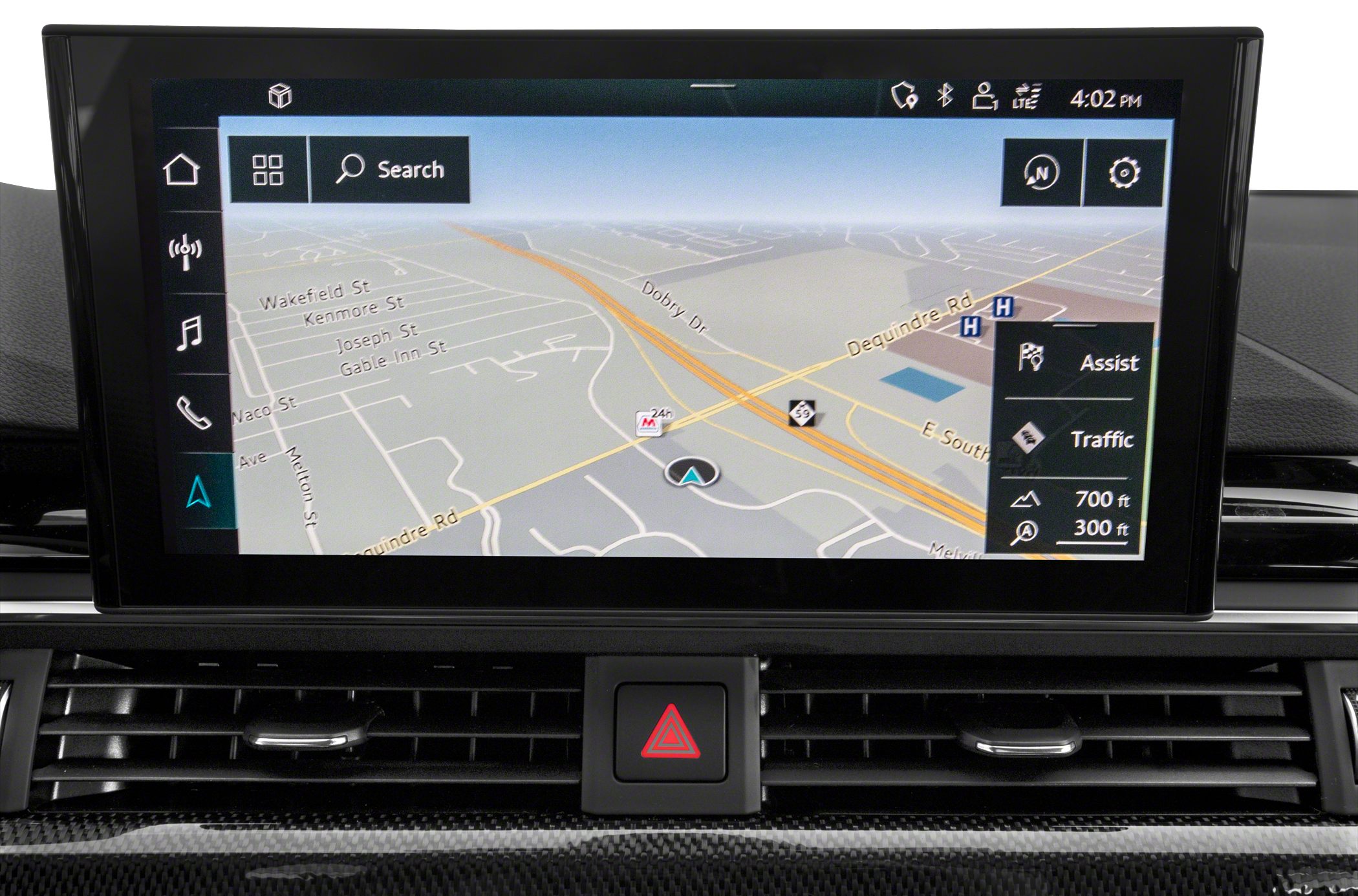 Infotainment screen with navigation map and driving assist features