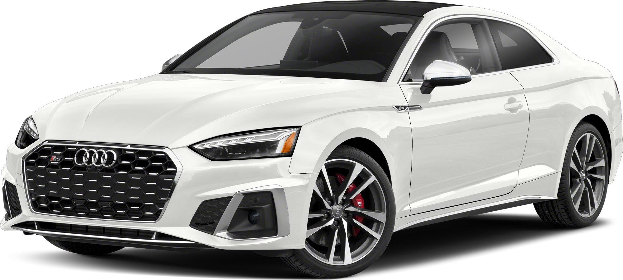 Front and side view of a white Coupe with distinctive grille and sporty wheels