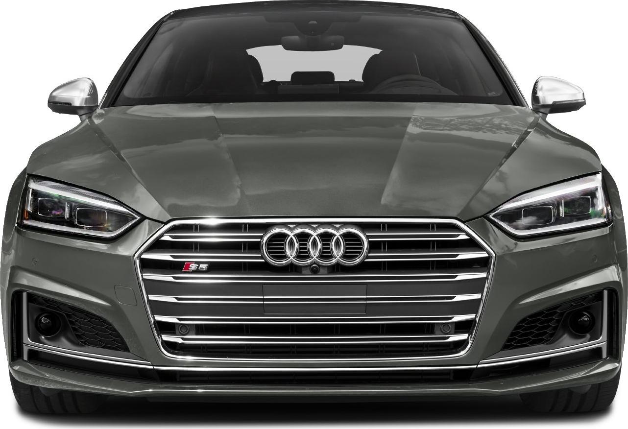 Front view with grille, headlights, and chrome accents