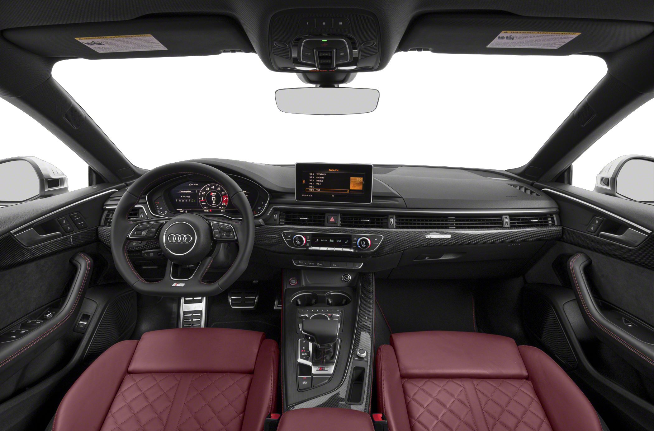 Digital dashboard, central touchscreen, red leather seats interior