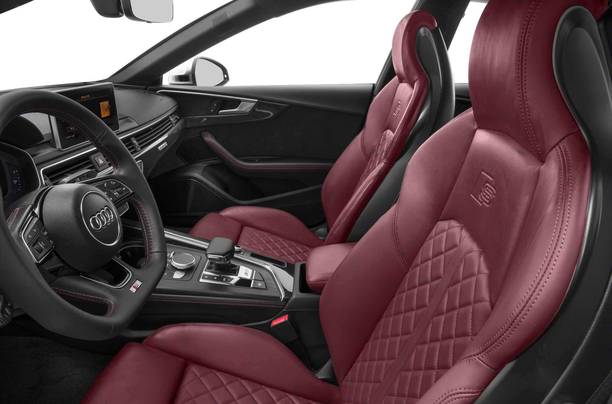Red leather diamond-stitched seats and modern dashboard interior