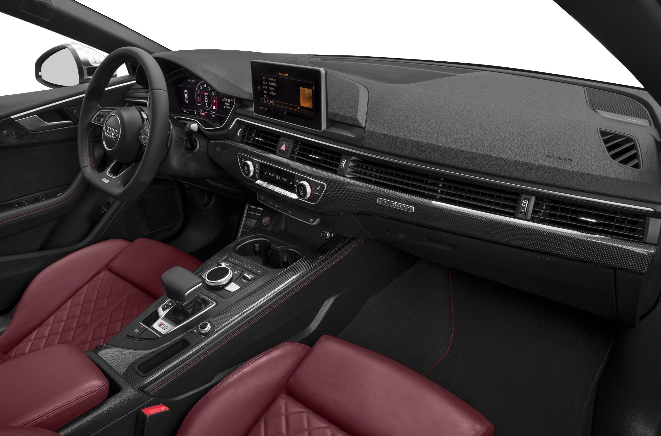 Digital dashboard, infotainment screen, carbon fiber trim, red quilted leather seats