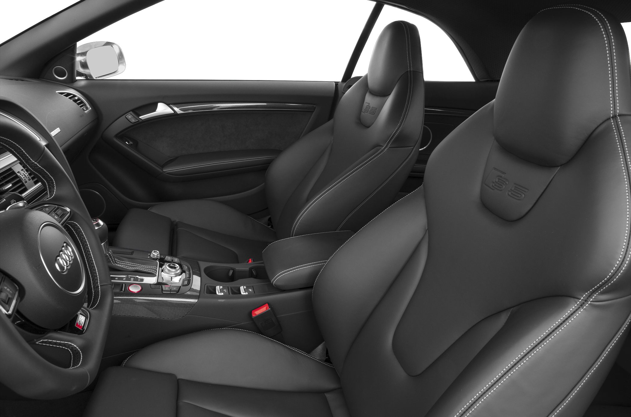 Black leather seats with white stitching and advanced cockpit controls