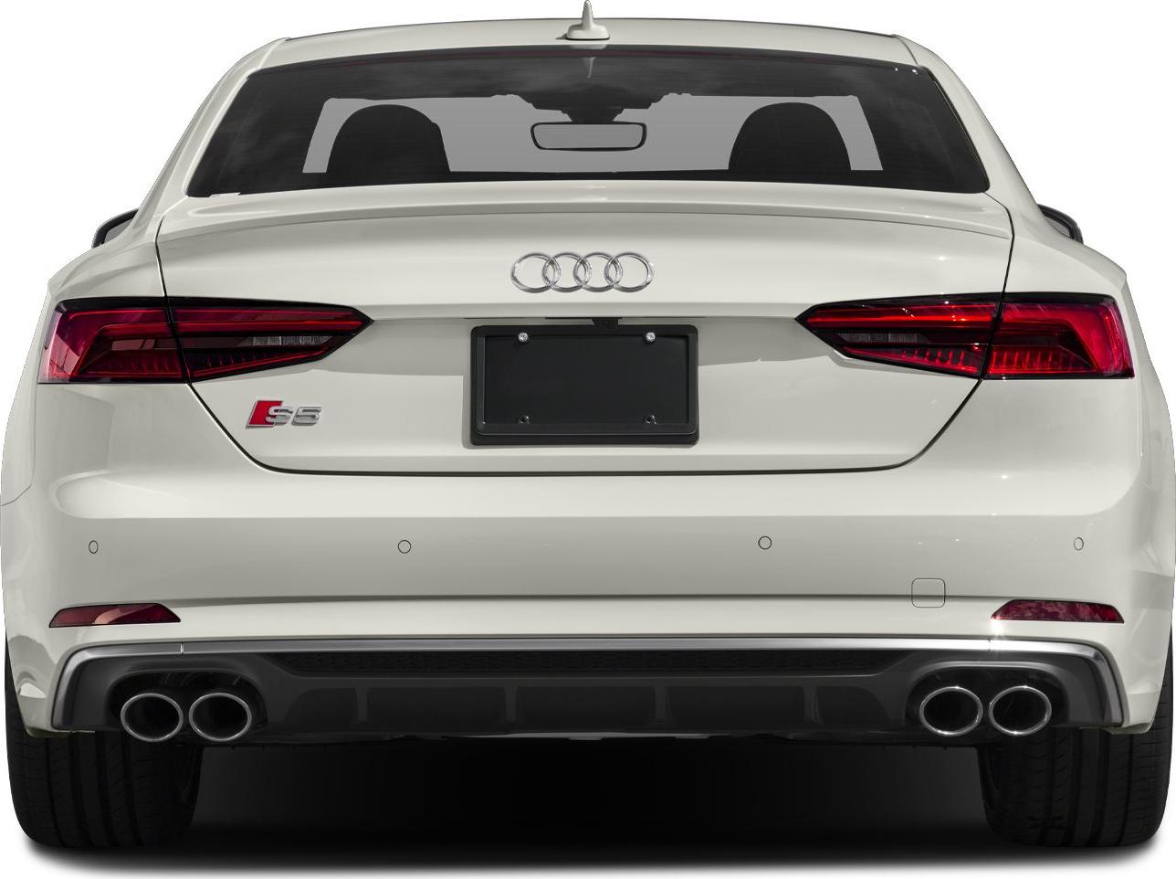 White coupe rear view, quad exhausts, LED taillights