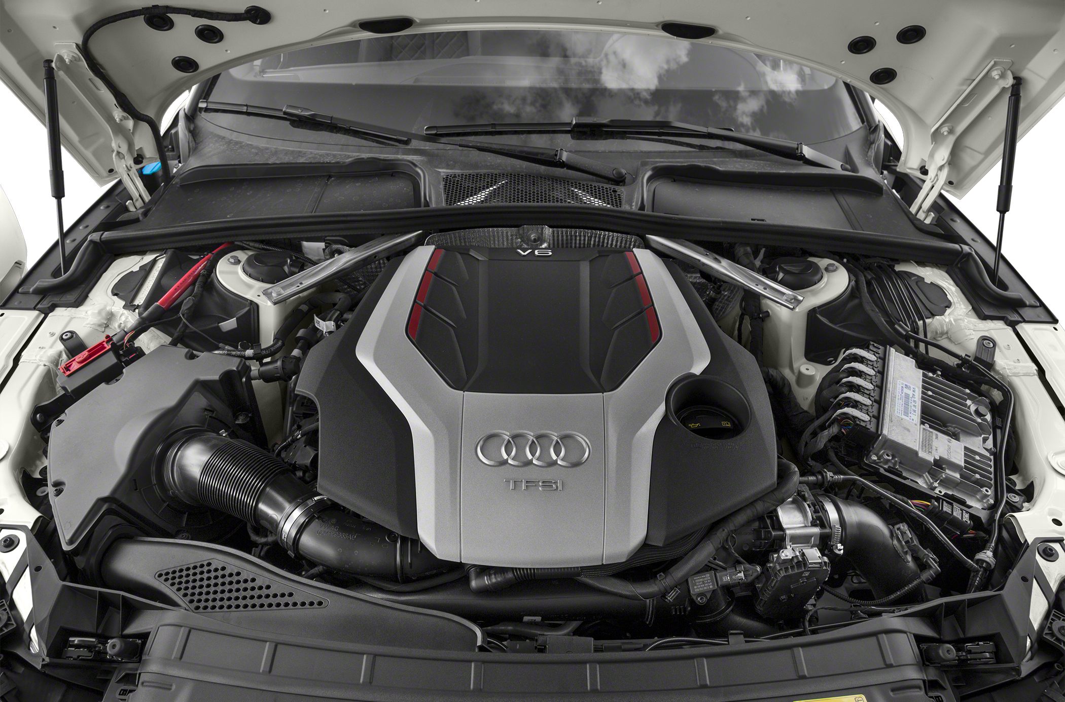 V6 TFSI engine with Audi rings, detailed engine bay view.