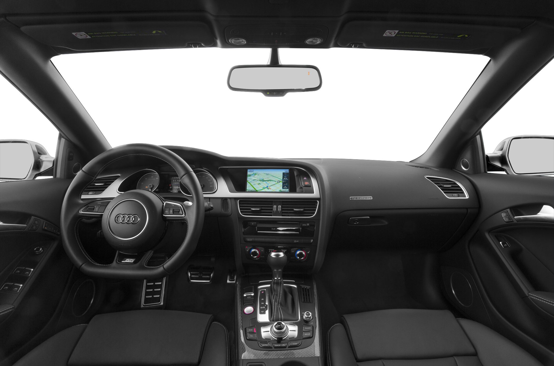 Luxury car interior with dashboard, steering wheel, and digital display