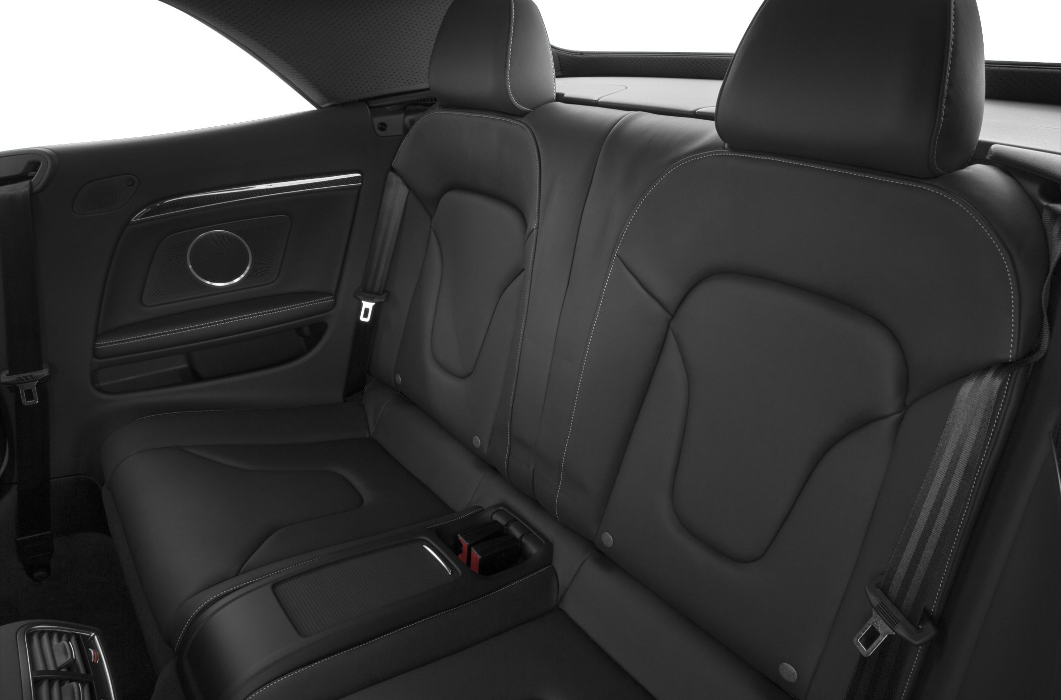 Black leather rear seats with detailed stitching and seat belts