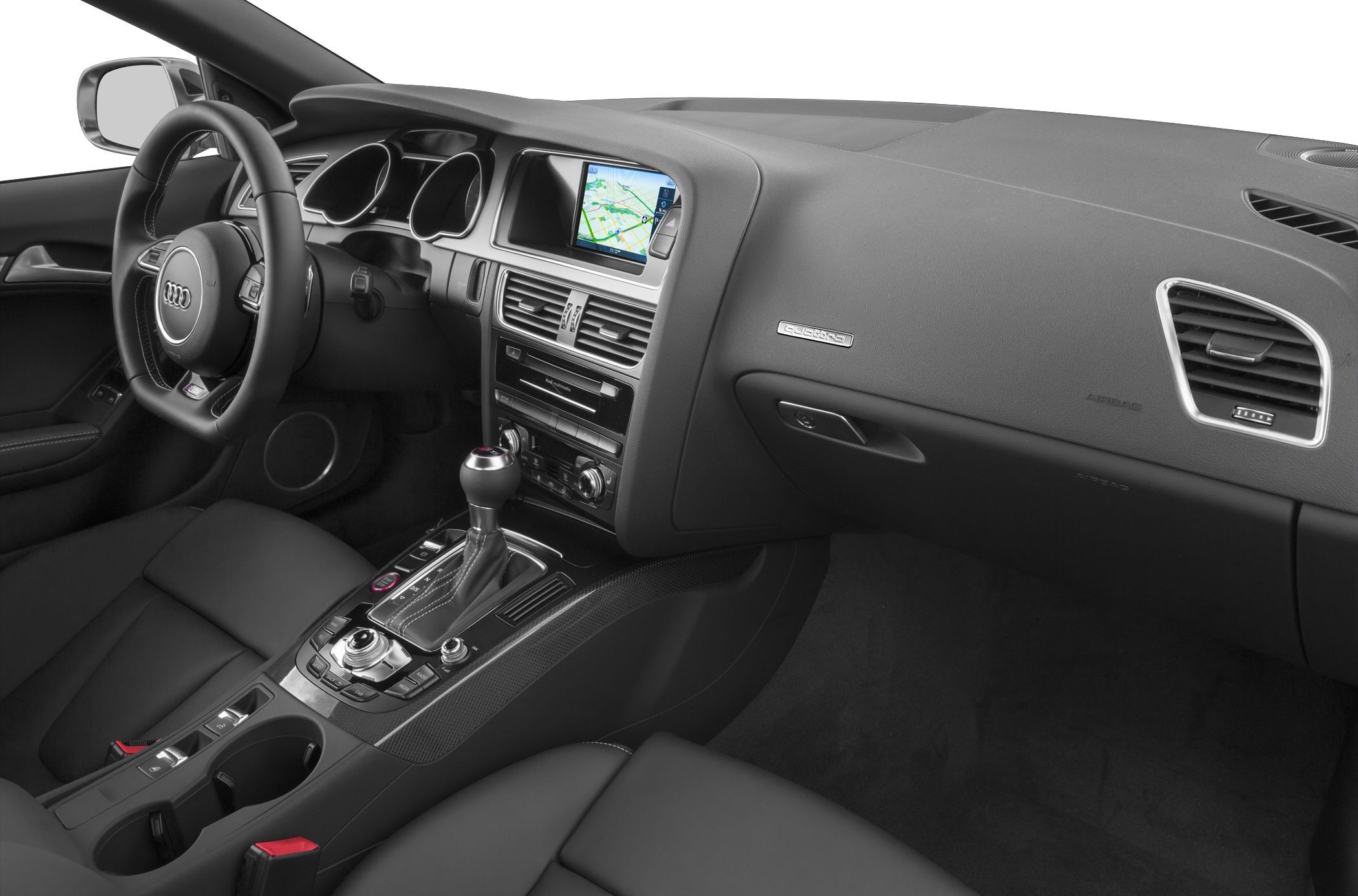 Audi S5 dashboard with steering wheel and center console controls