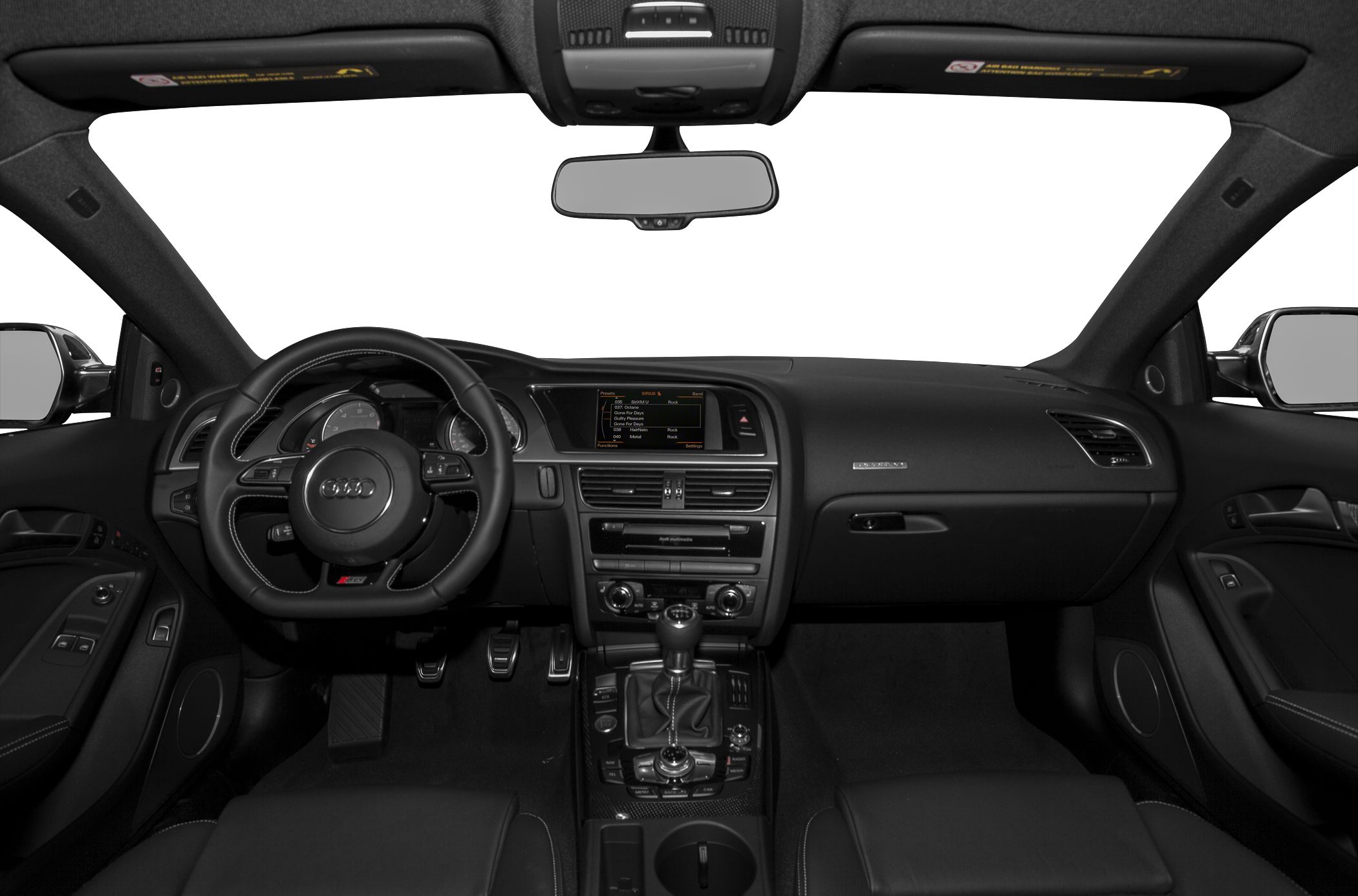 Dashboard, steering wheel, multimedia screen, and manual gear shift
