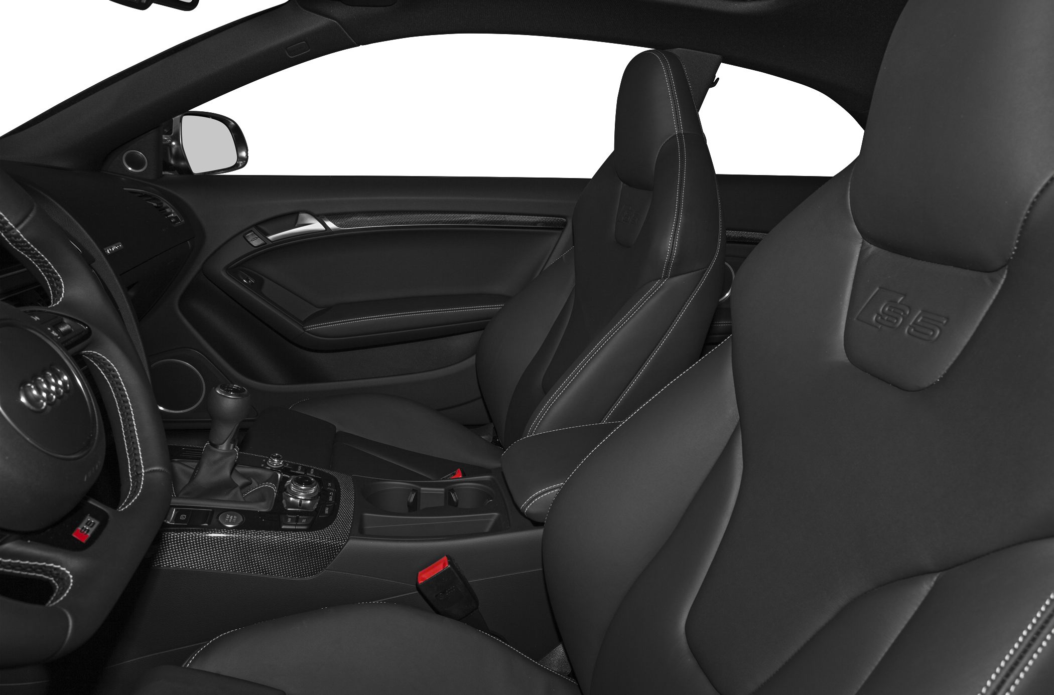 Sport seats and center console with gear shift in luxury coupe interior