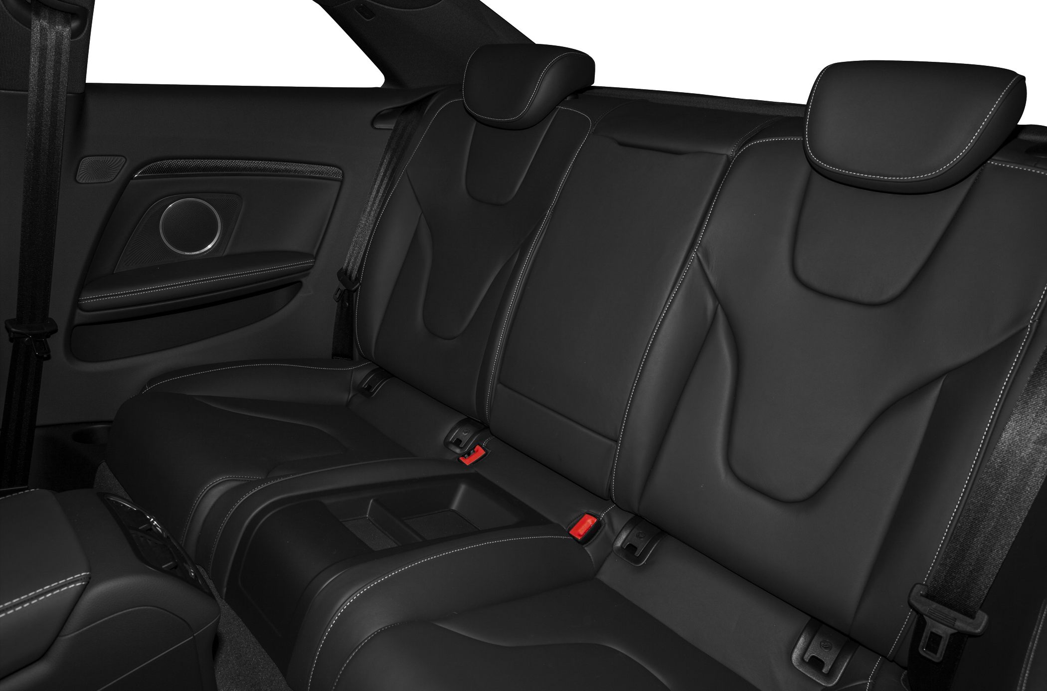Rear black leather seats with contrast stitching and integrated headrests