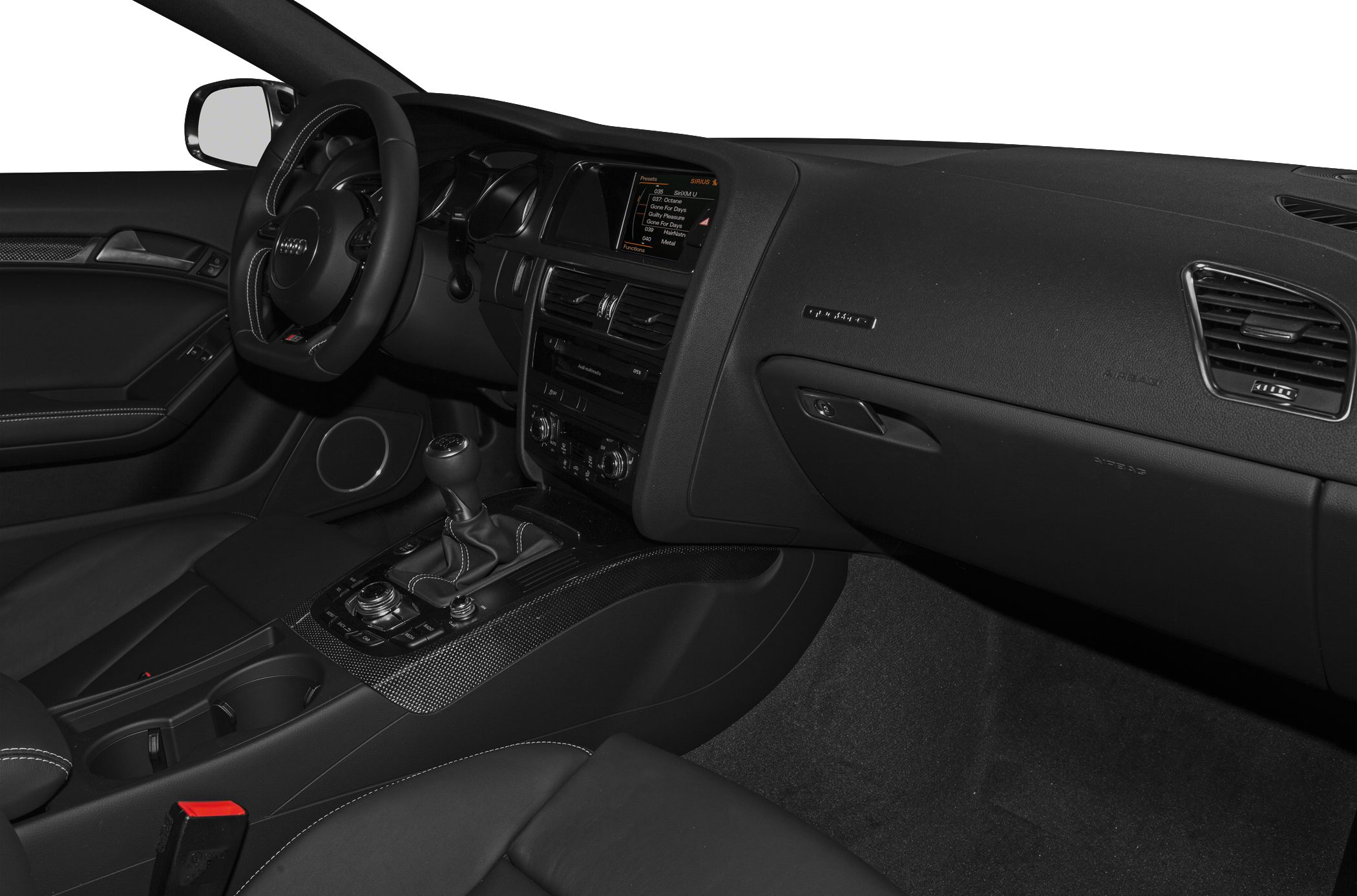 Car interior dashboard with manual transmission and multimedia display