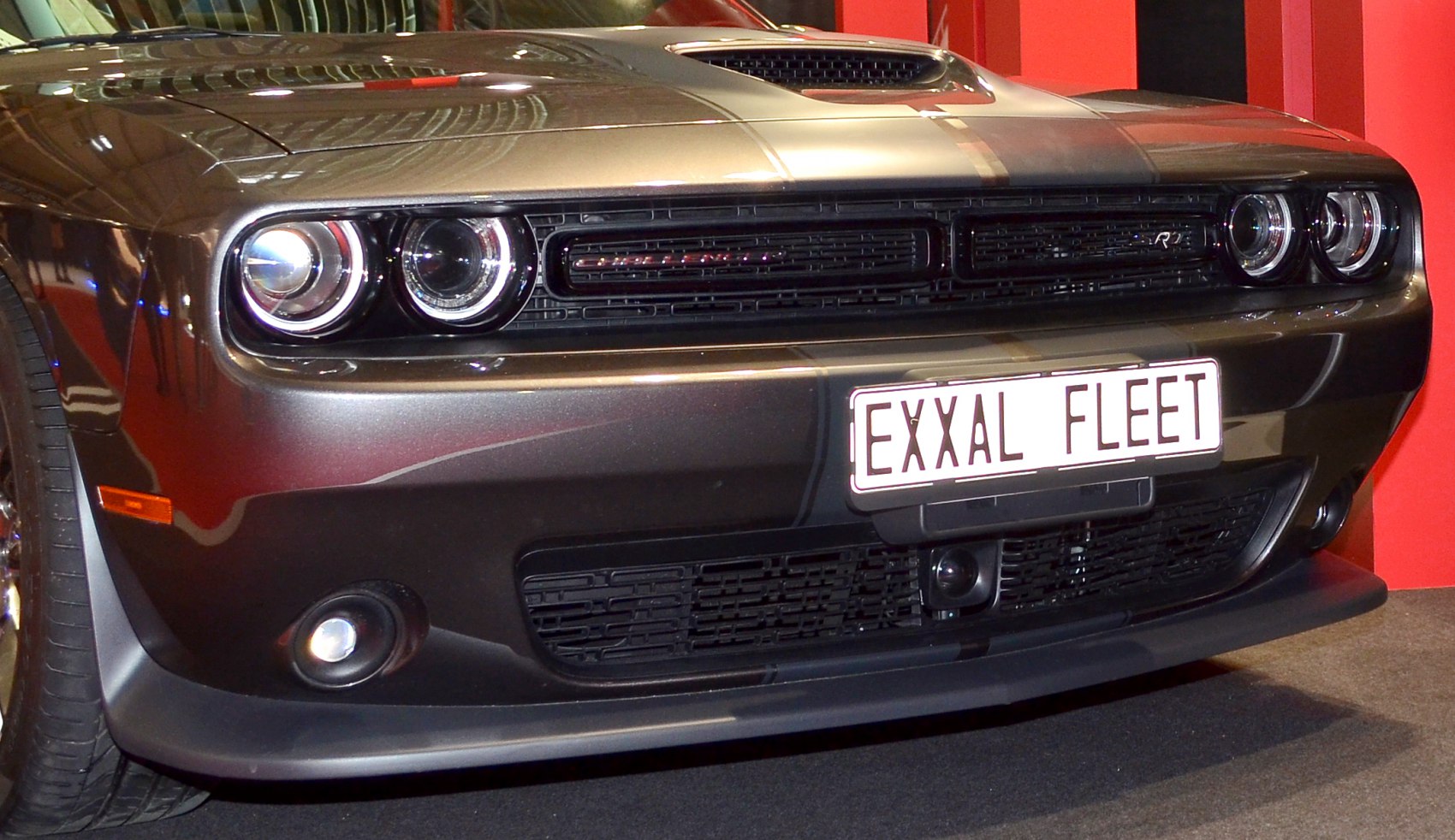 Close-up of front grille with quad headlights and hood scoop