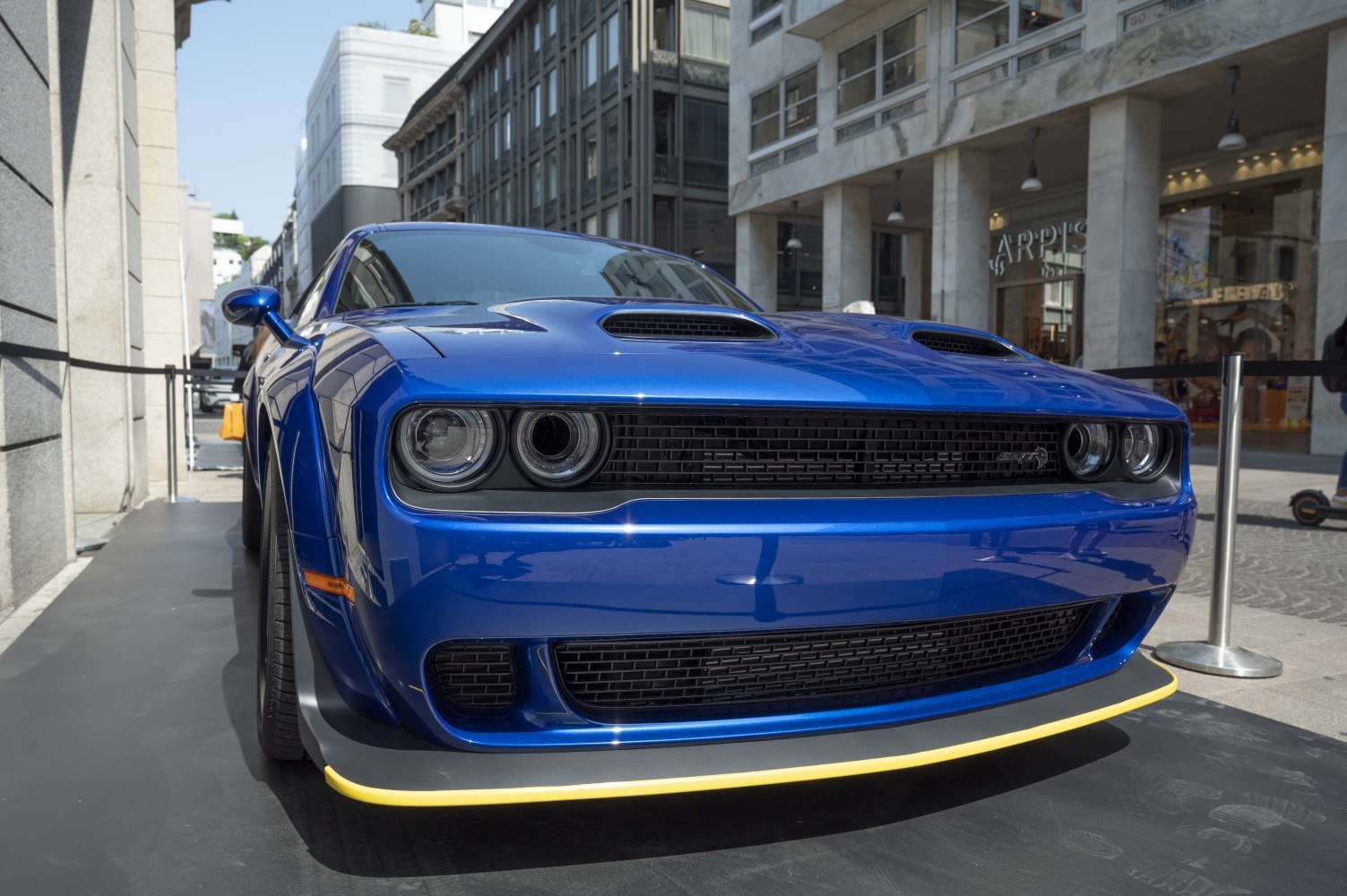 Aggressive front view with grille and dual hood scoops