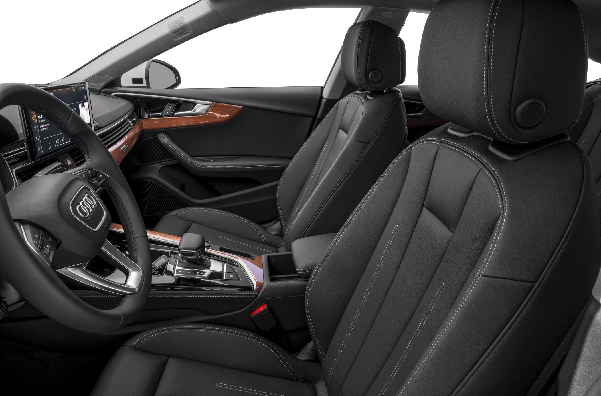 Luxury black leather seats with white stitching and wood trim interior elements