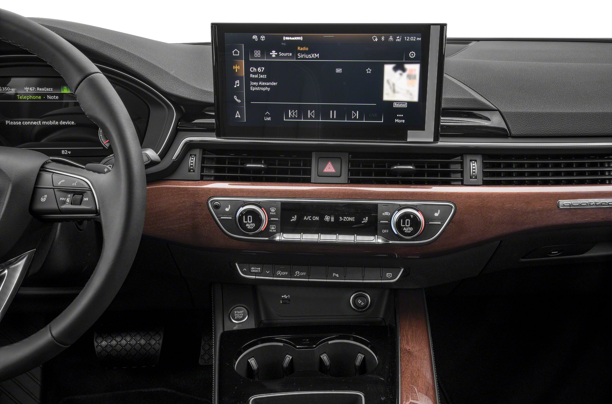 Infotainment screen and 3-zone climate control with wood trim