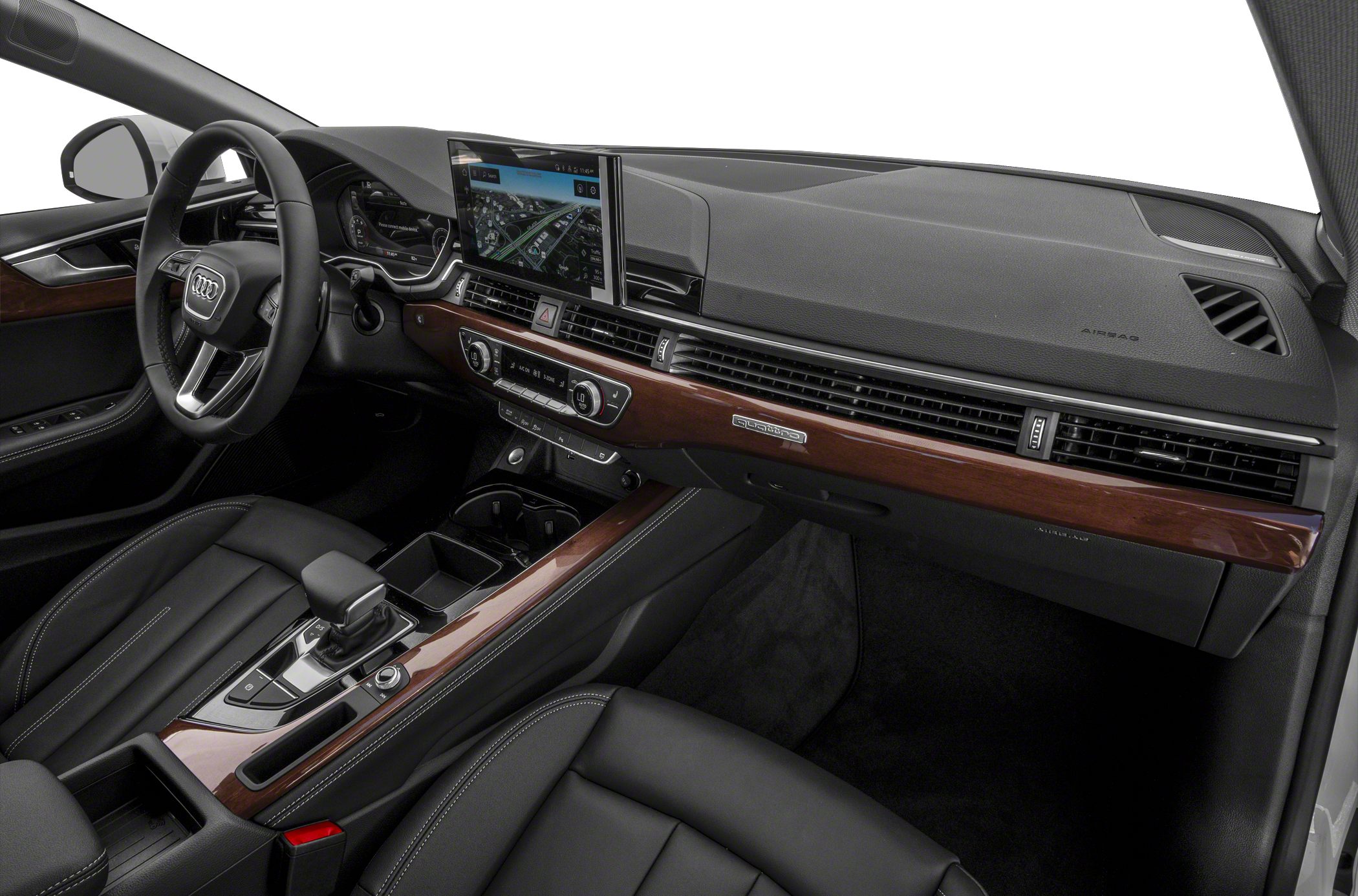 Luxury car interior with digital display and wood trim accents