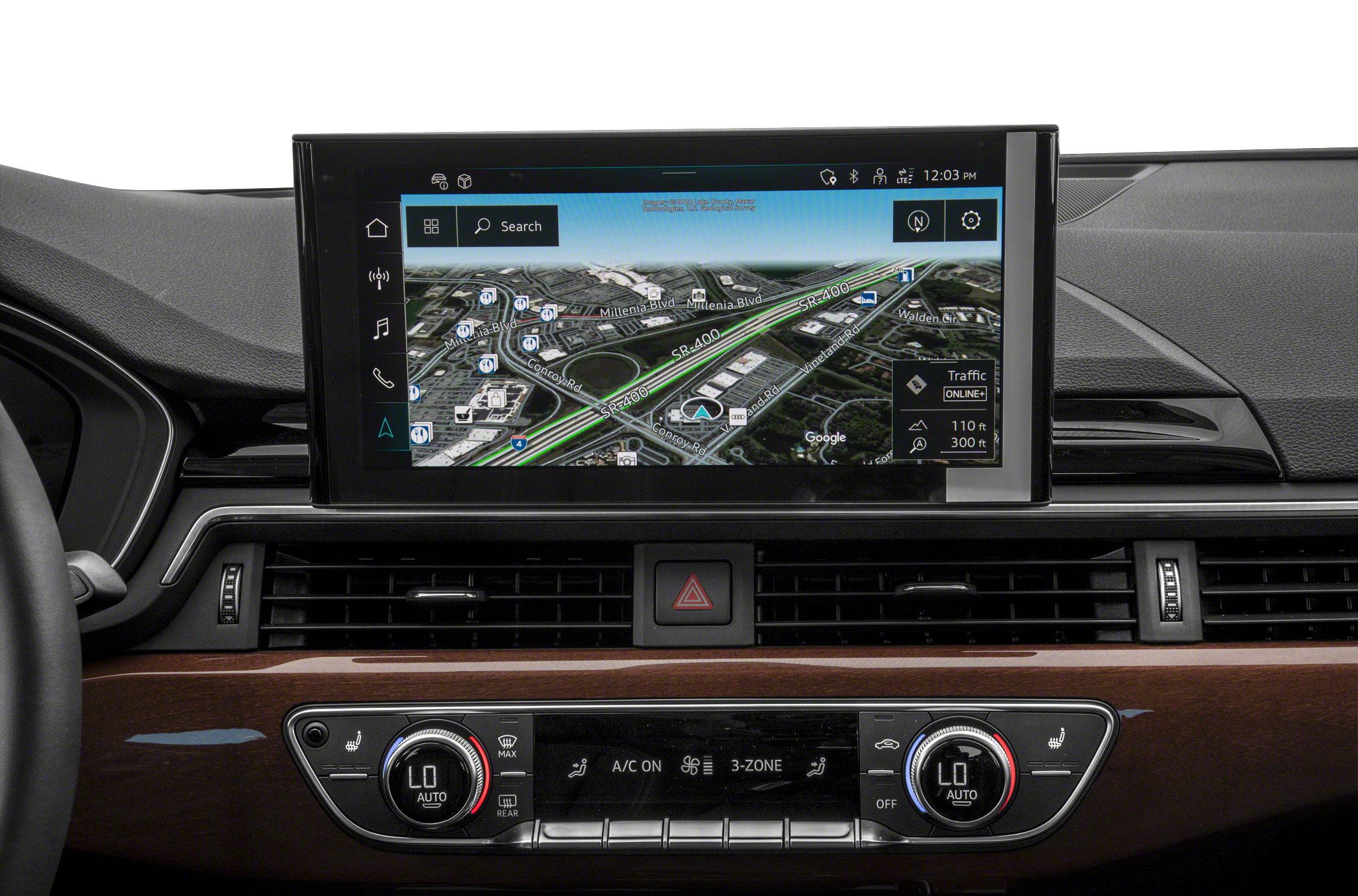 Digital navigation screen and tri-zone climate control panel