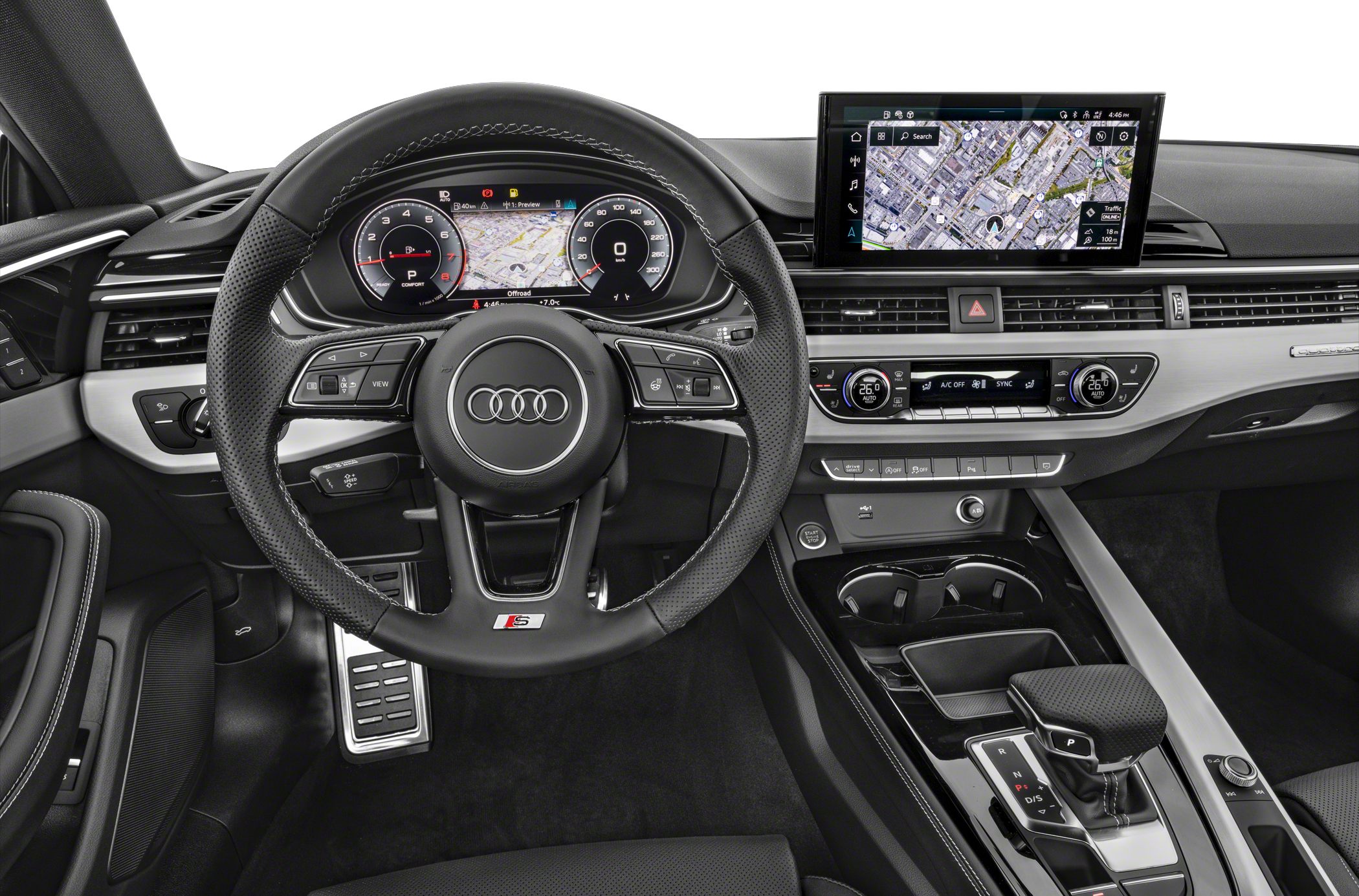Digital instrument cluster and infotainment display in luxury car interior