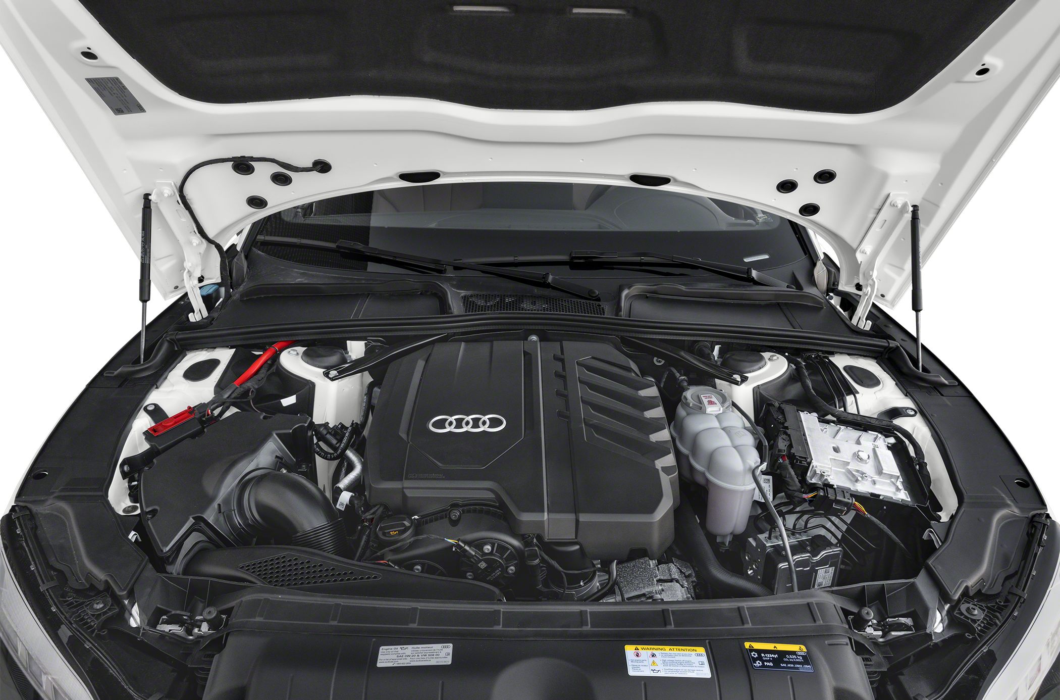Open engine compartment with visible engine cover and components