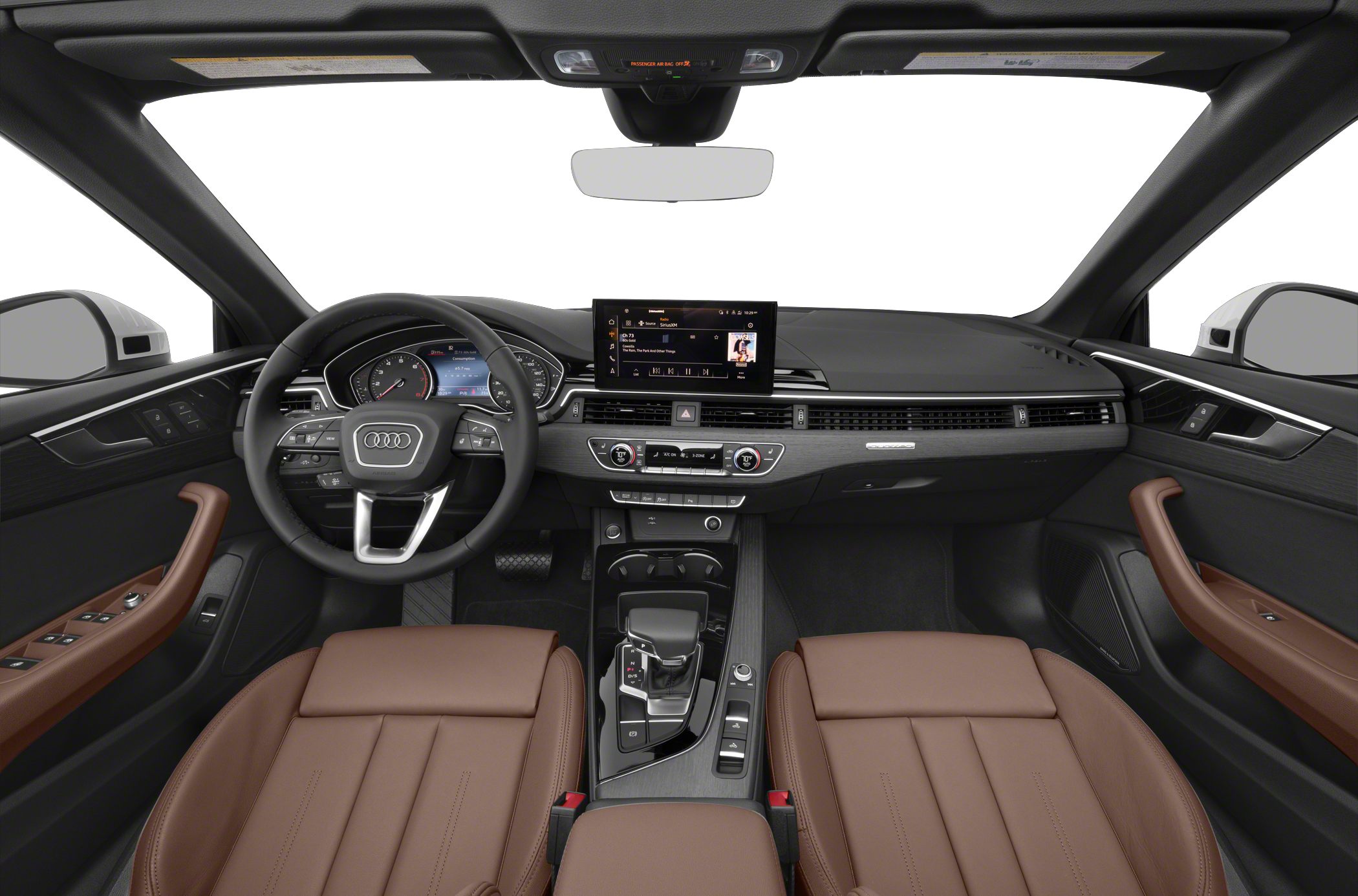 Modern dashboard and steering wheel with brown leather seats