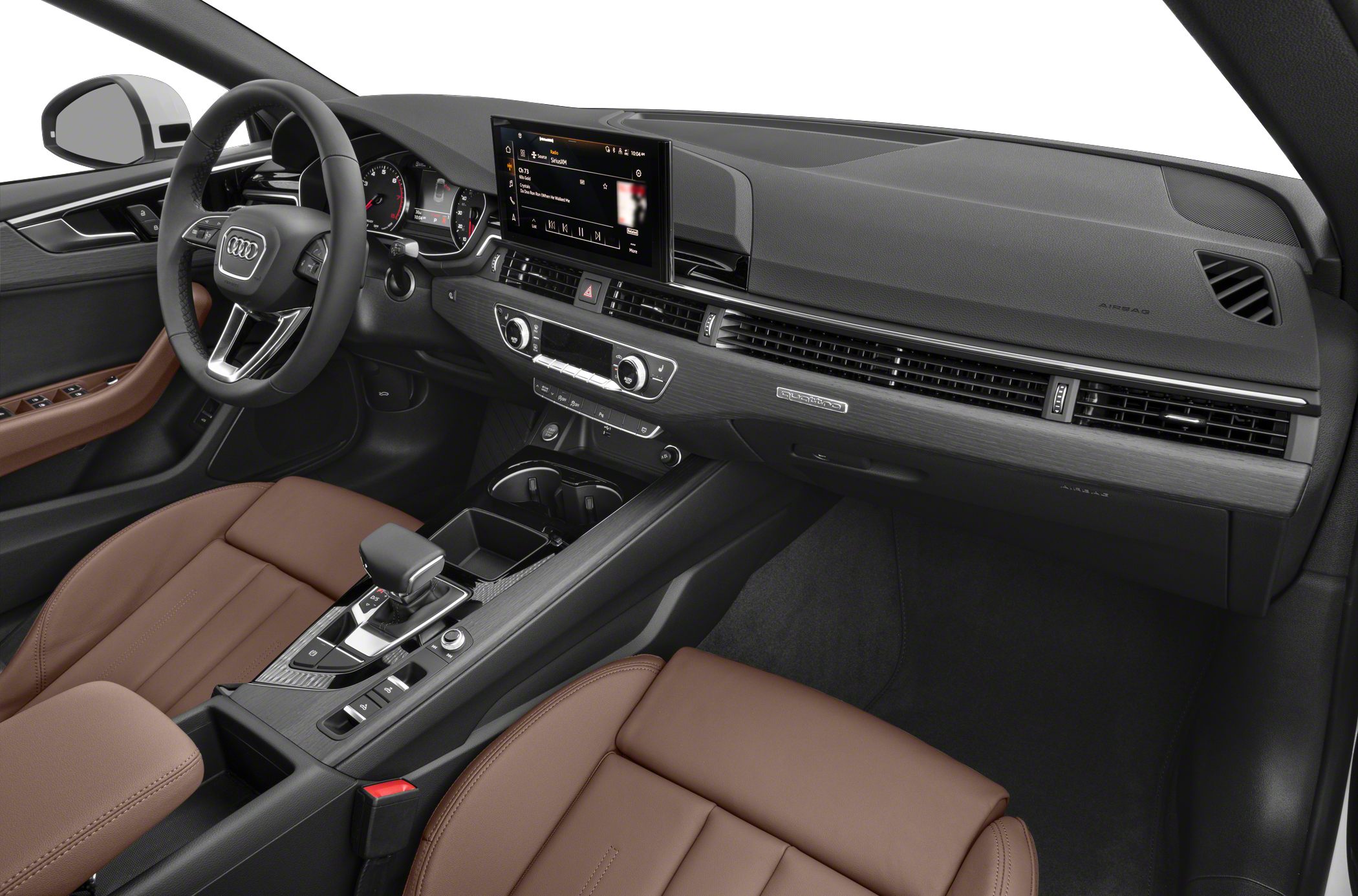 Modern dashboard and centre console with brown leather seats
