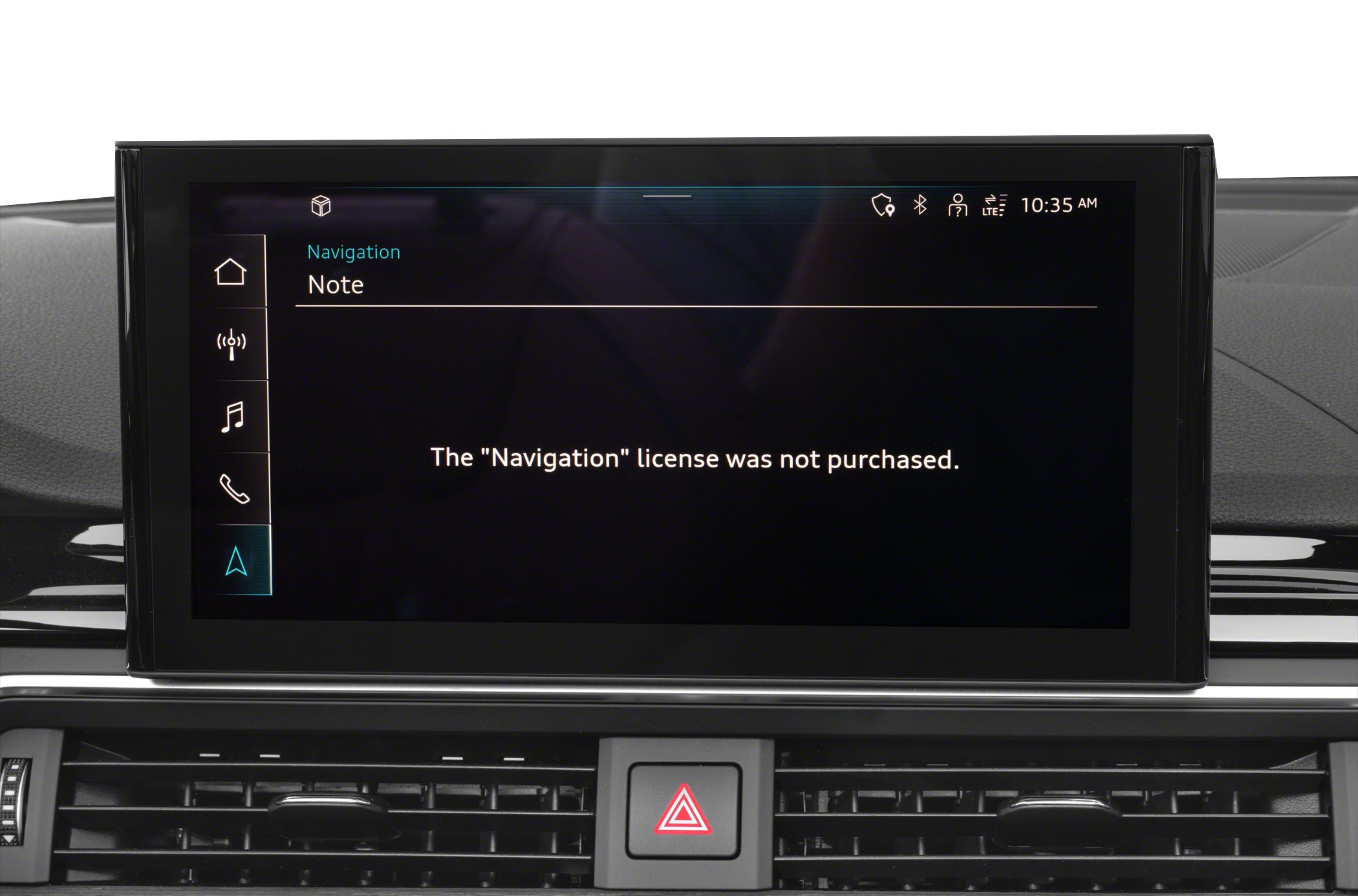 Infotainment screen with navigation license not purchased message