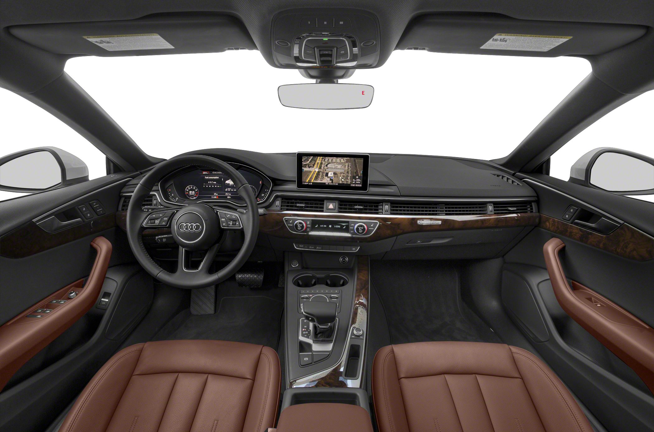 Car dashboard, steering wheel, and brown leather seats interior