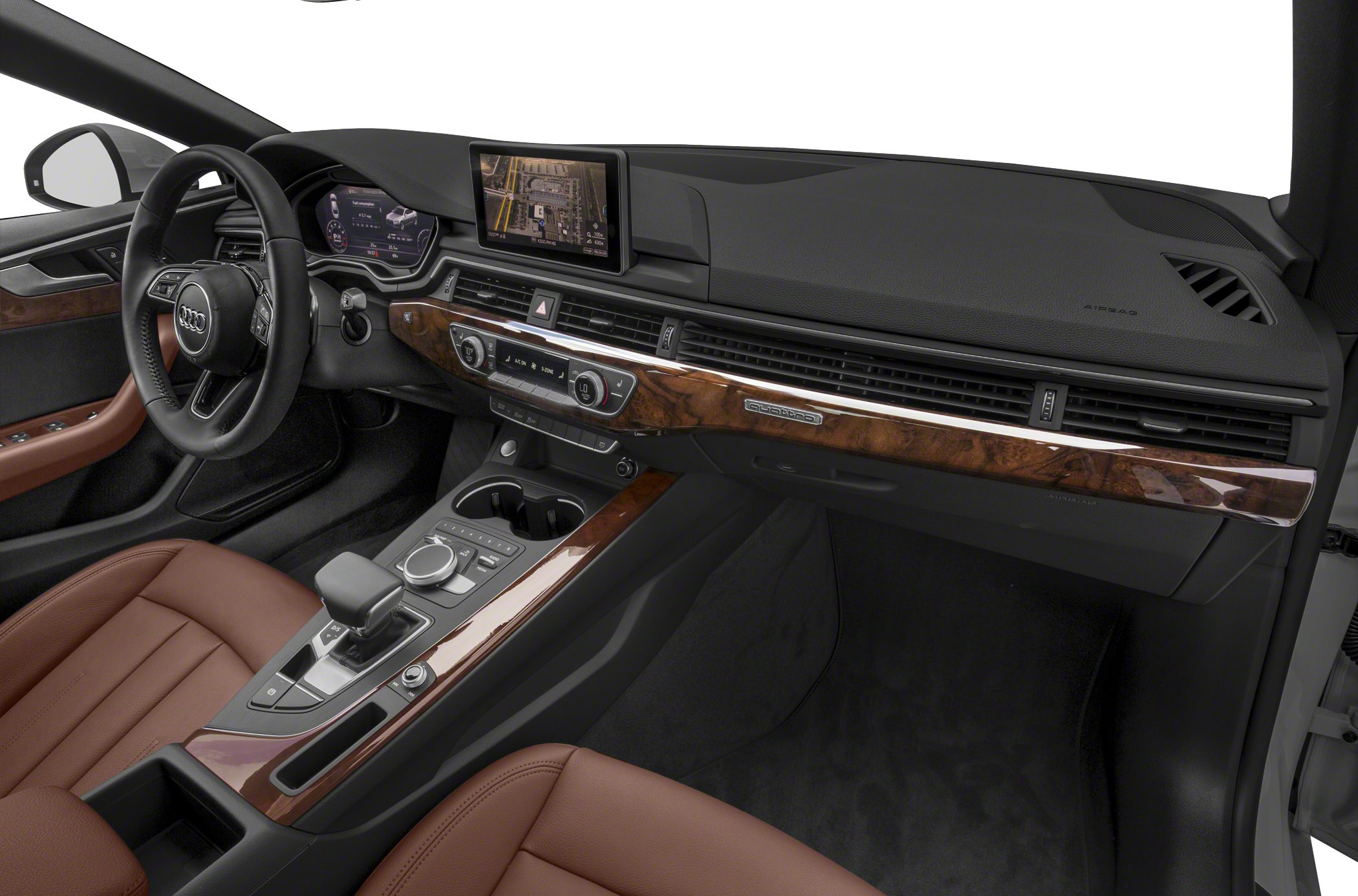 Digital instrument cluster and wood trim interior with infotainment screen