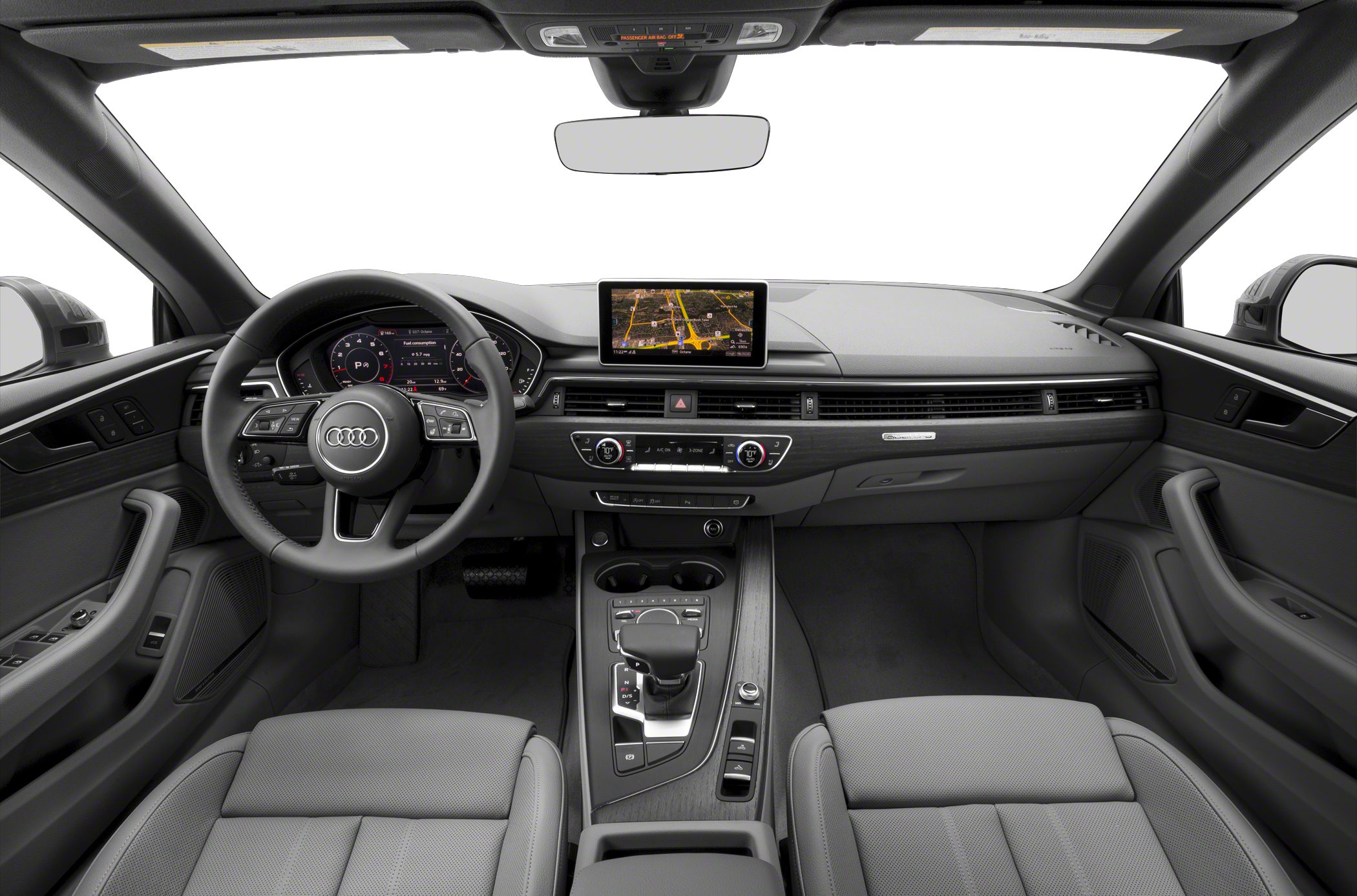 Audi interior with digital cluster and multifunction steering wheel