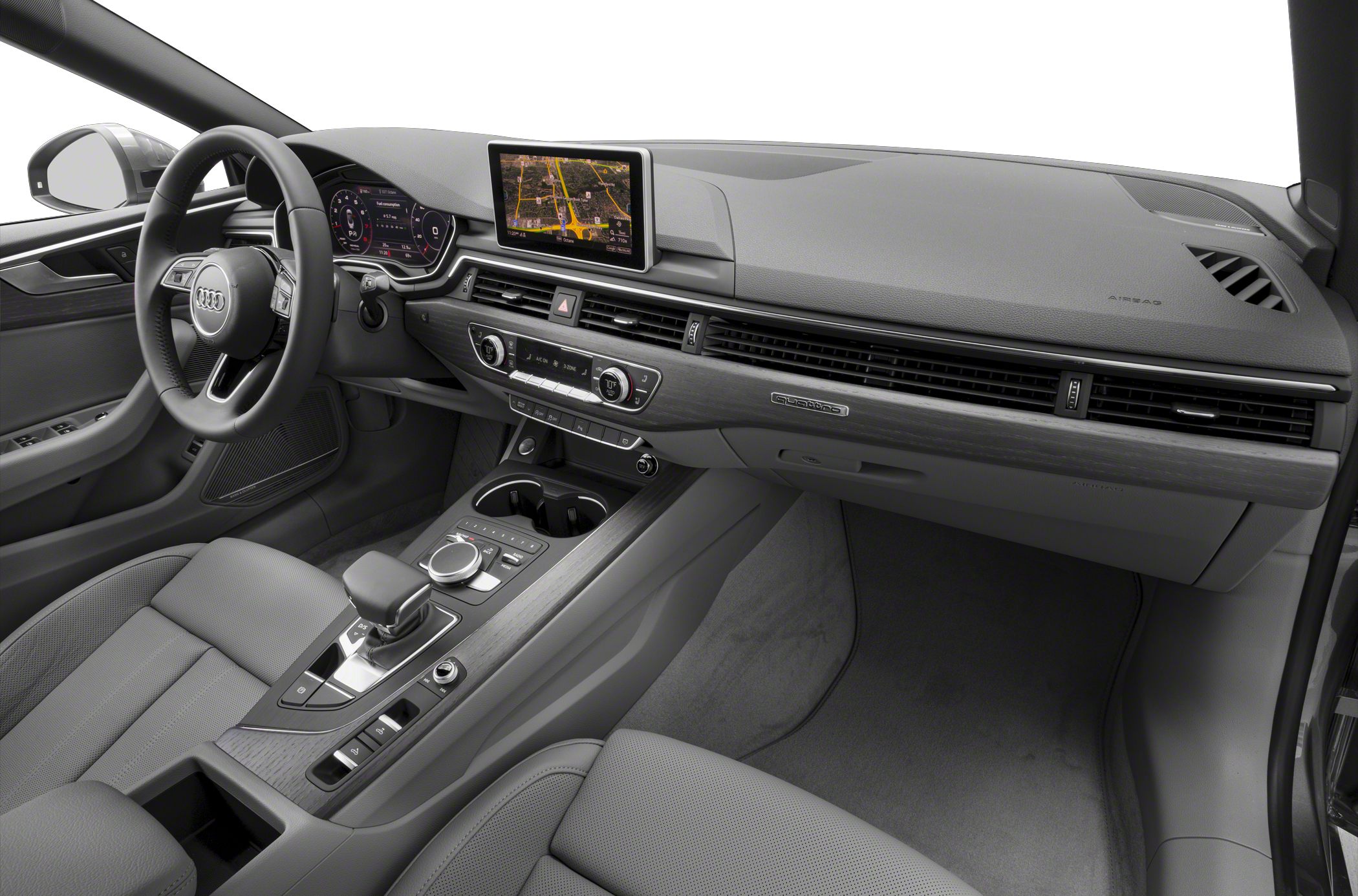 Digital dashboard and touchscreen navigation in luxury car interior