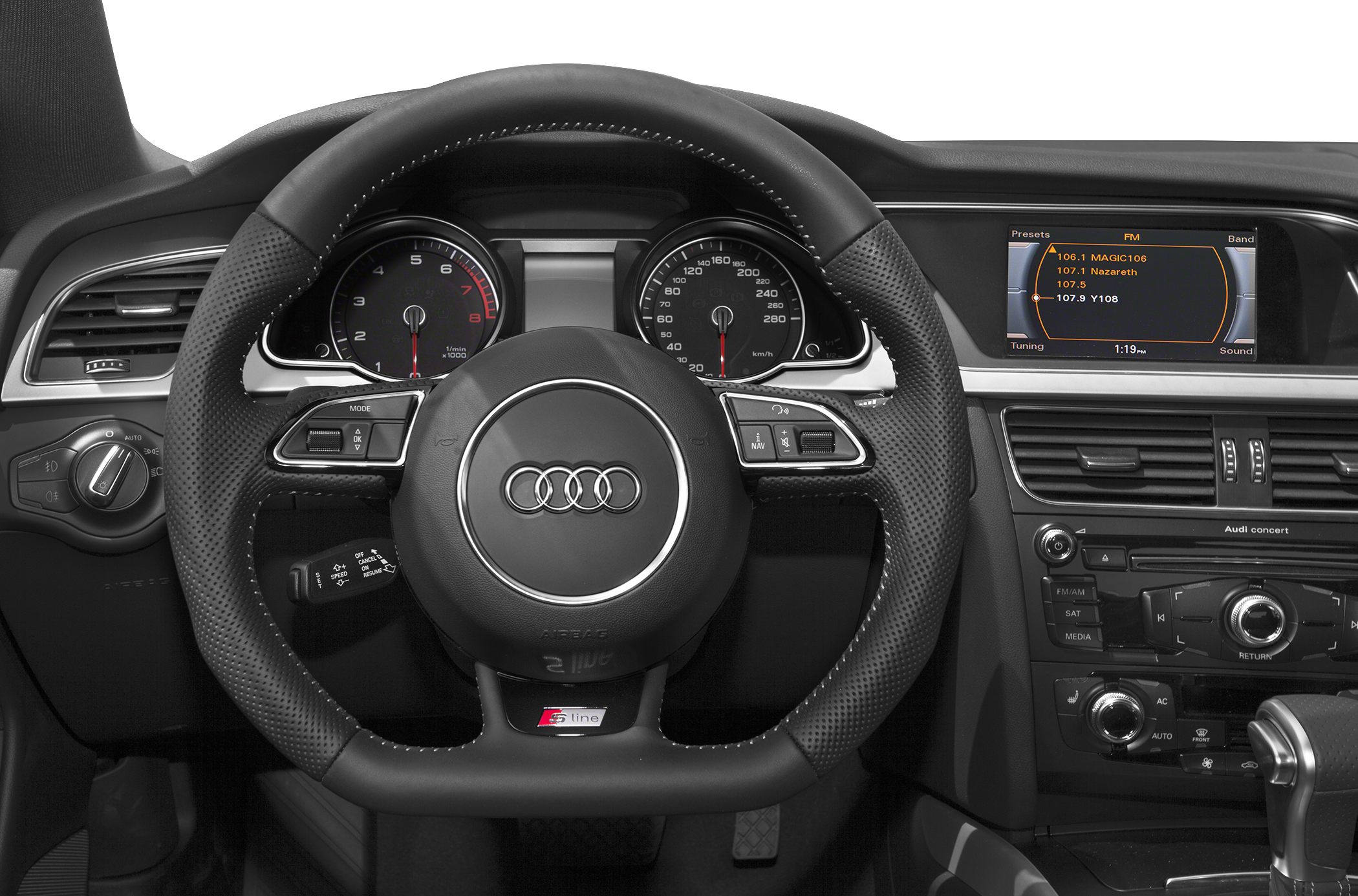 S line perforated leather steering wheel and digital dashboard with infotainment display