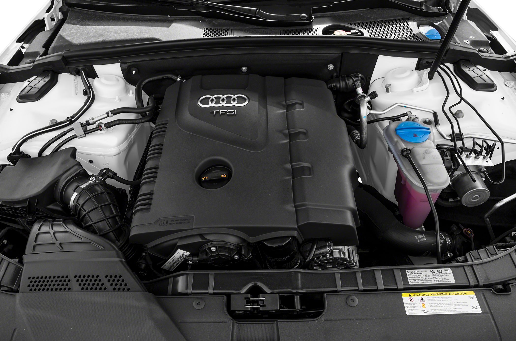 Close-up of a TFSI engine with Audi's distinctive engine cover and components