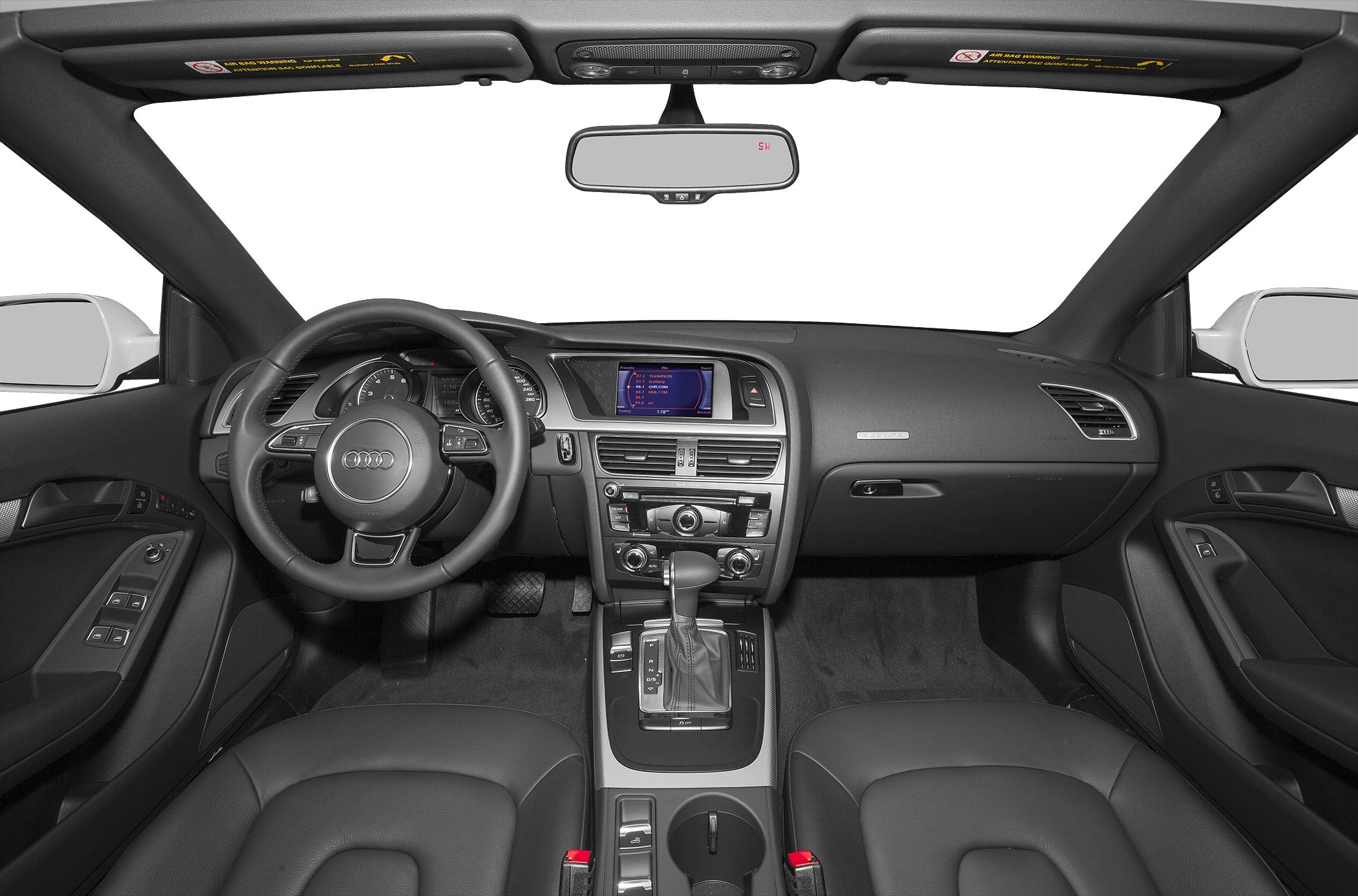 Dashboard, steering wheel, and center console of a car interior