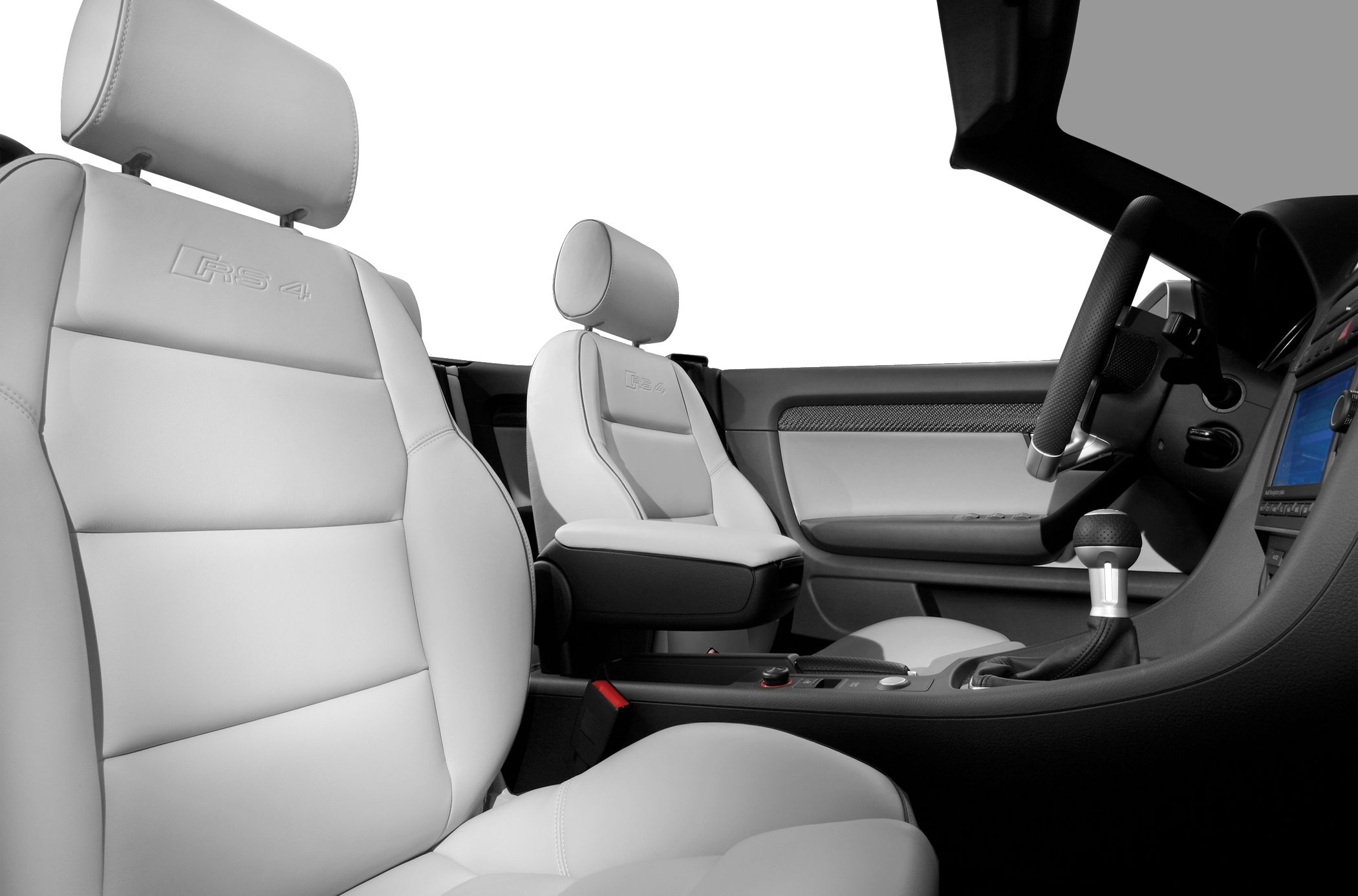Premium leather seats and center console with gear shift and steering wheel